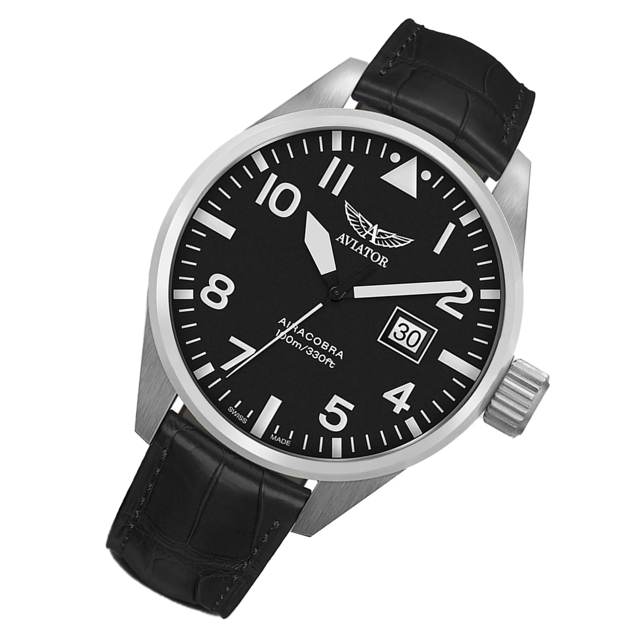 Aviator Black Leather Swiss Made Men's Watch - V12201484
