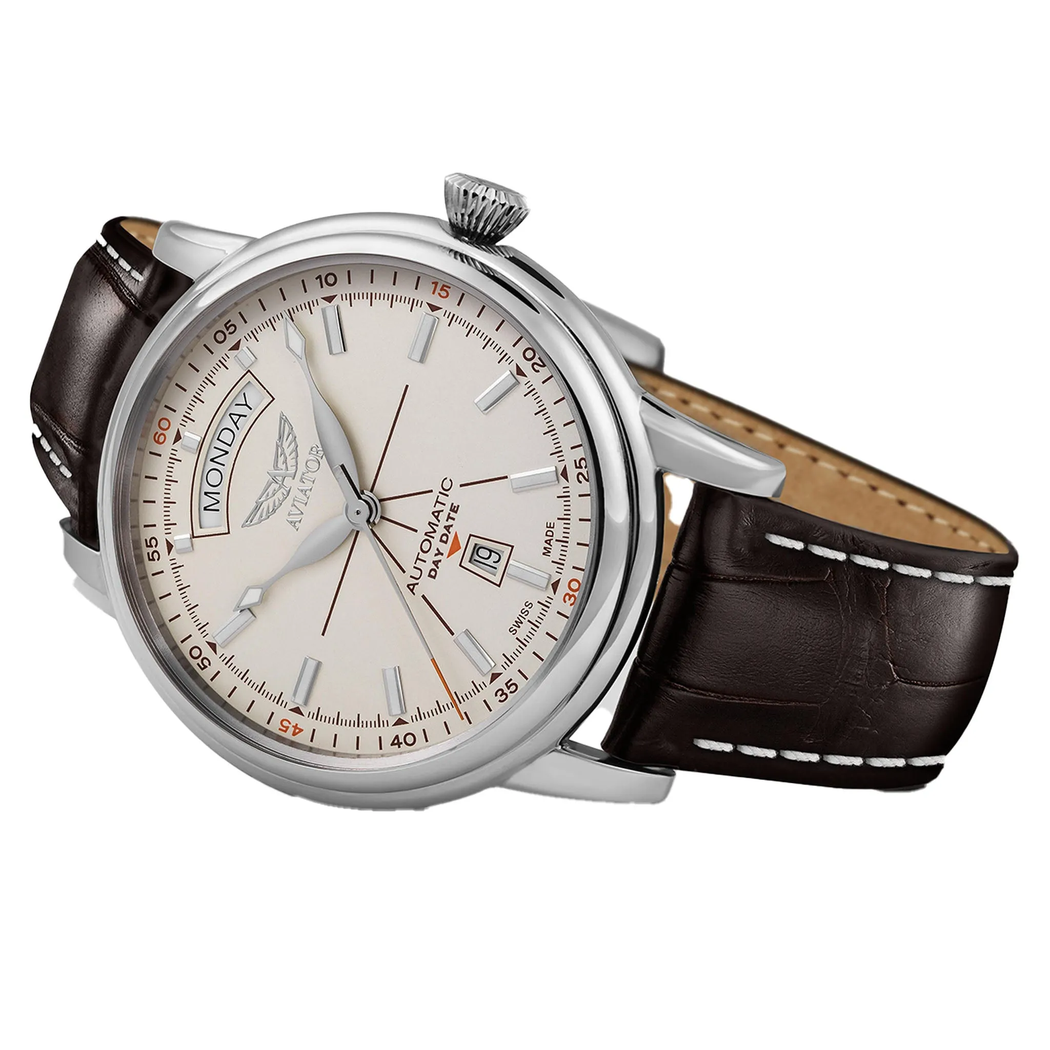 Aviator Brown Leather Ivory Dial Swiss Made Men's Automatic Watch - V32001414