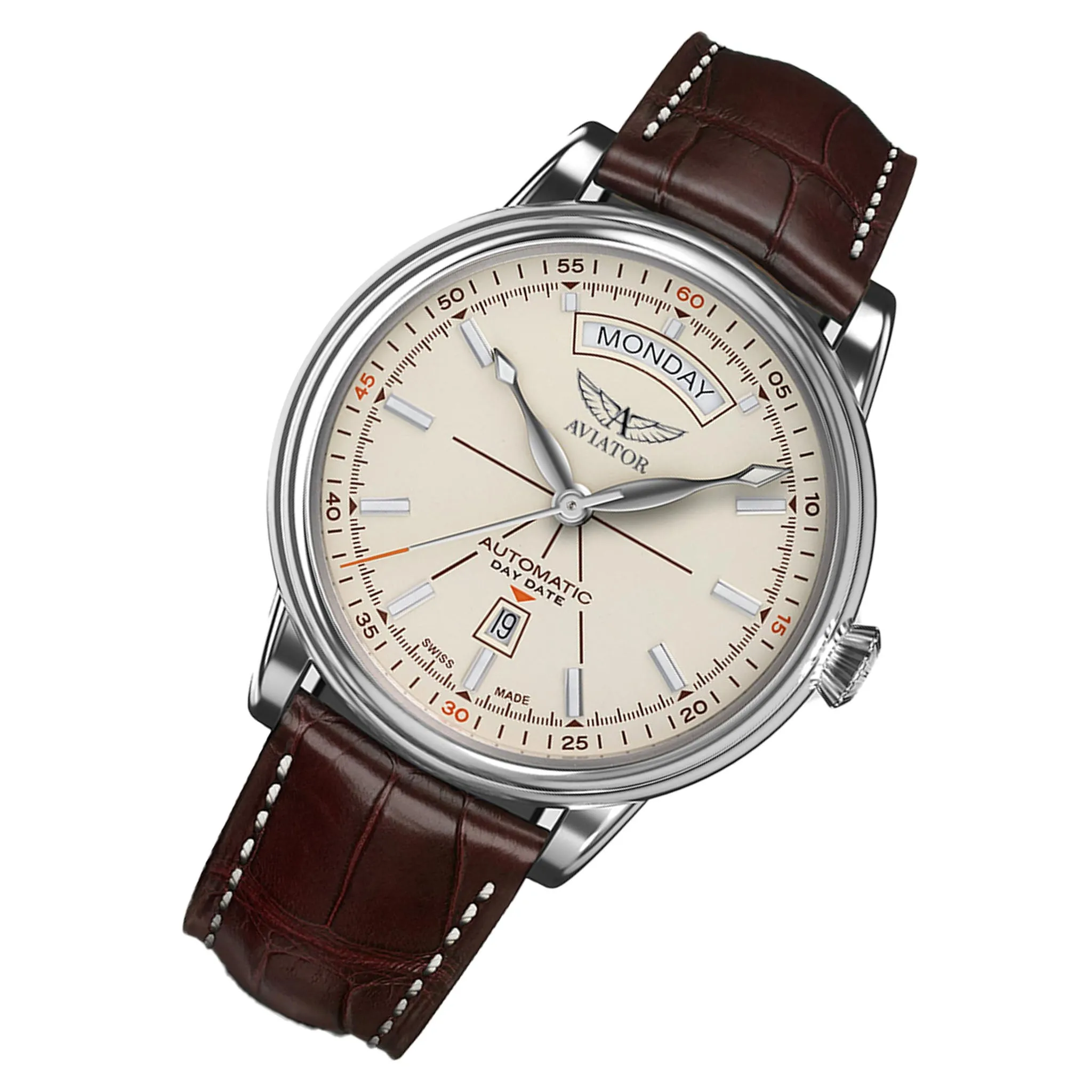 Aviator Brown Leather Ivory Dial Swiss Made Men's Automatic Watch - V32001414