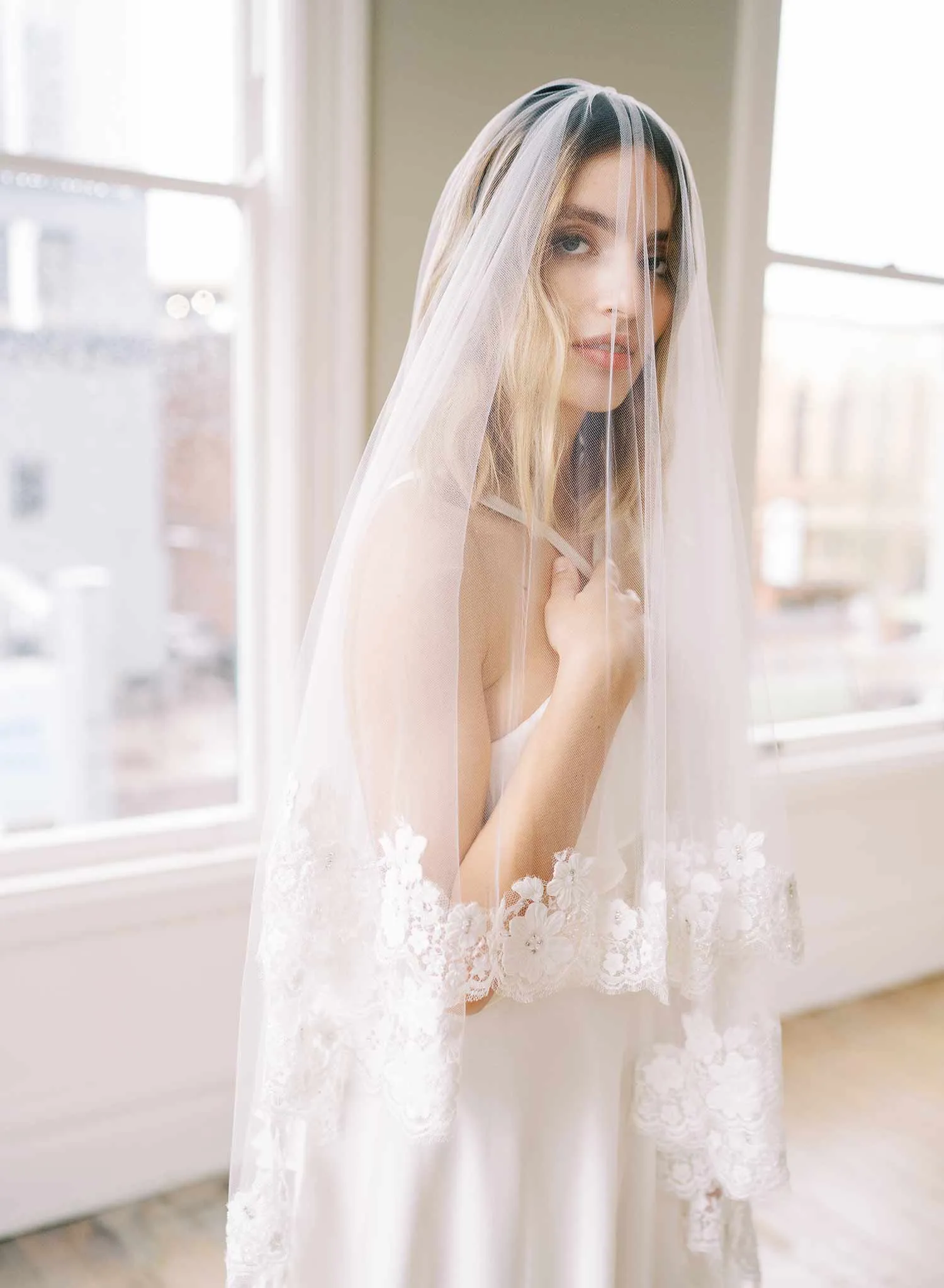 Beaded French lace fingertip bridal veil with blusher - Style #2479