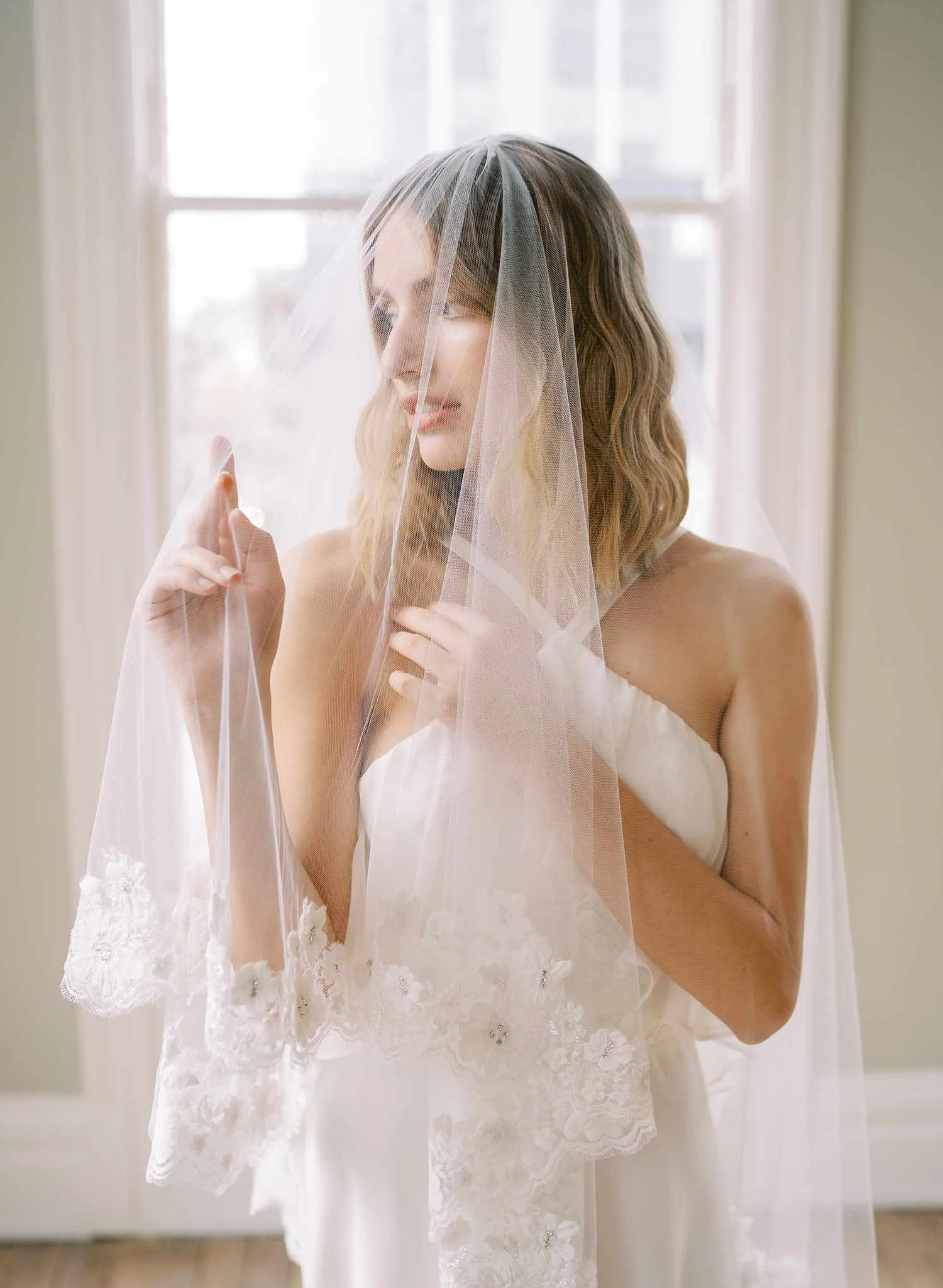 Beaded French lace fingertip bridal veil with blusher - Style #2479