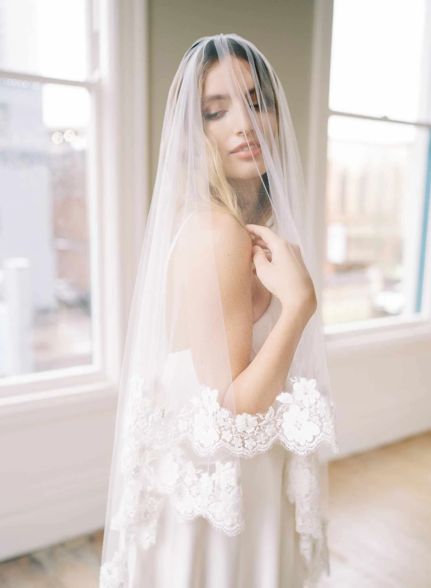 Beaded French lace fingertip bridal veil with blusher - Style #2479