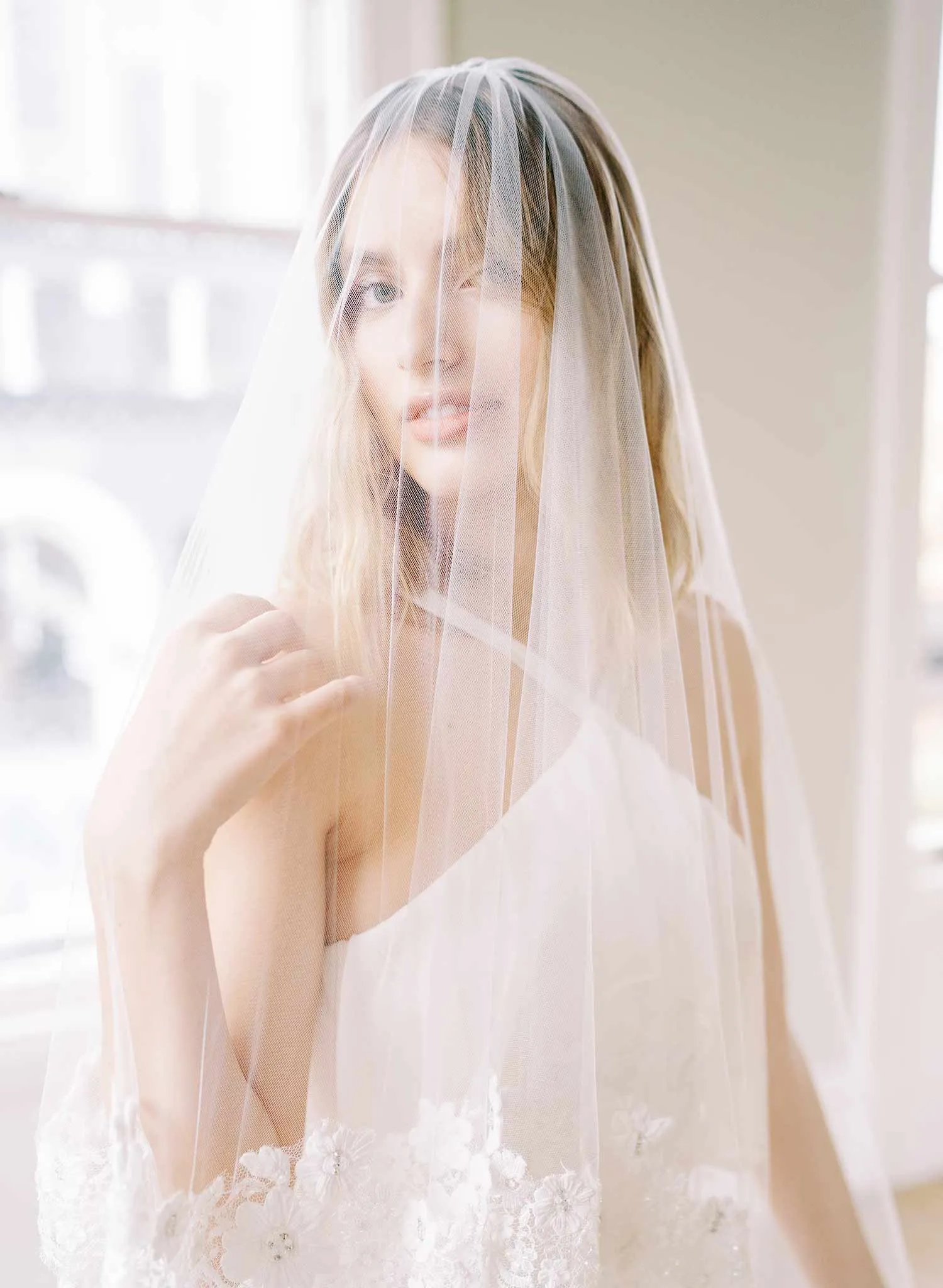 Beaded French lace fingertip bridal veil with blusher - Style #2479