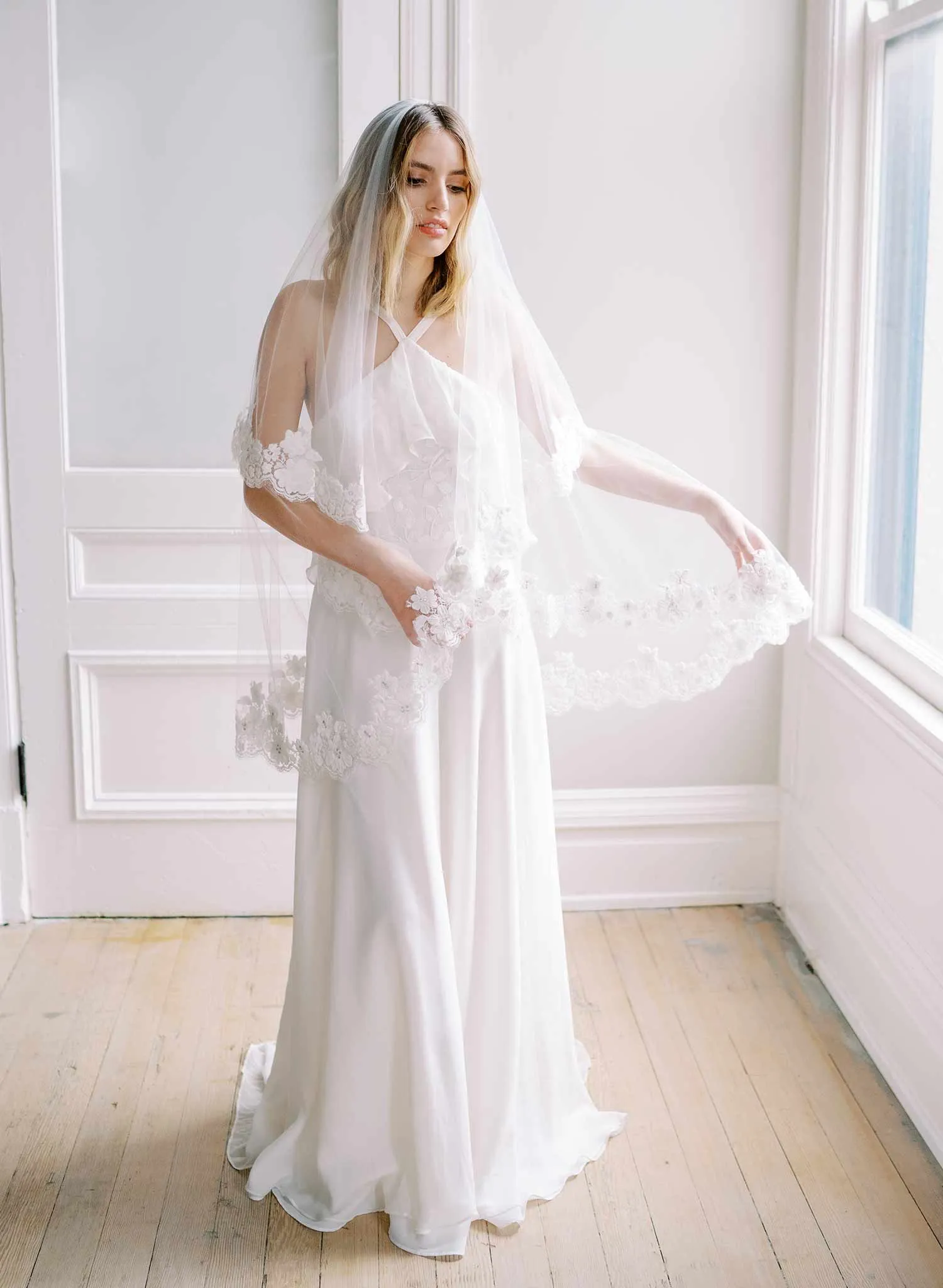 Beaded French lace fingertip bridal veil with blusher - Style #2479