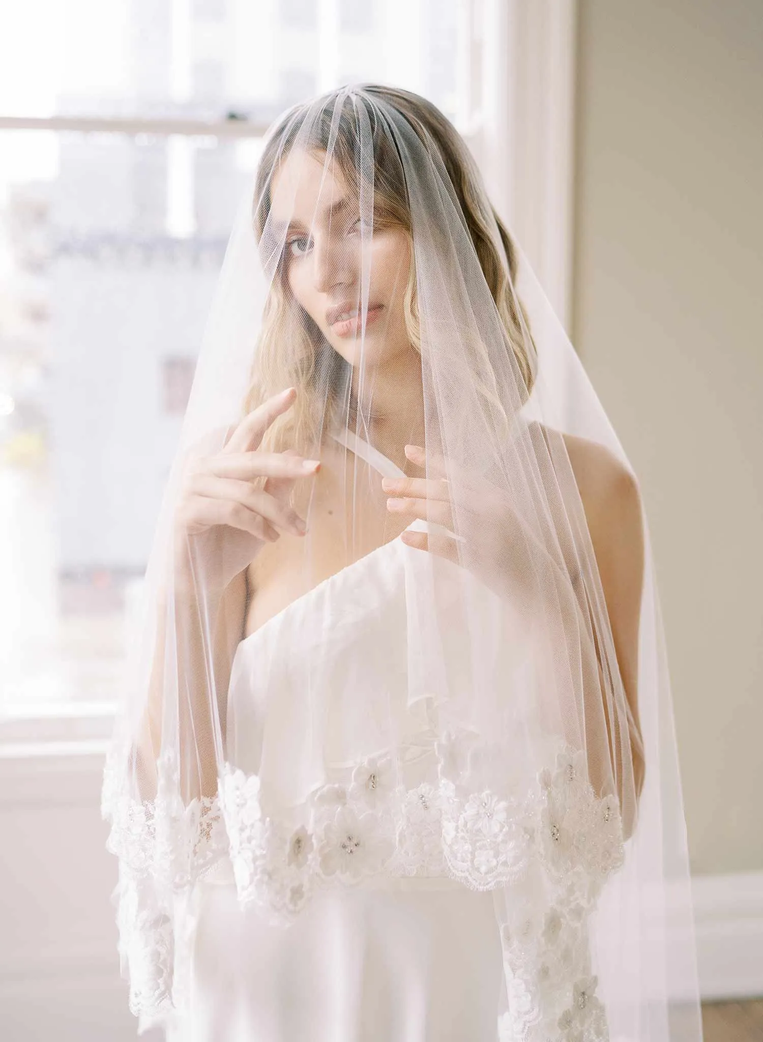 Beaded French lace fingertip bridal veil with blusher - Style #2479