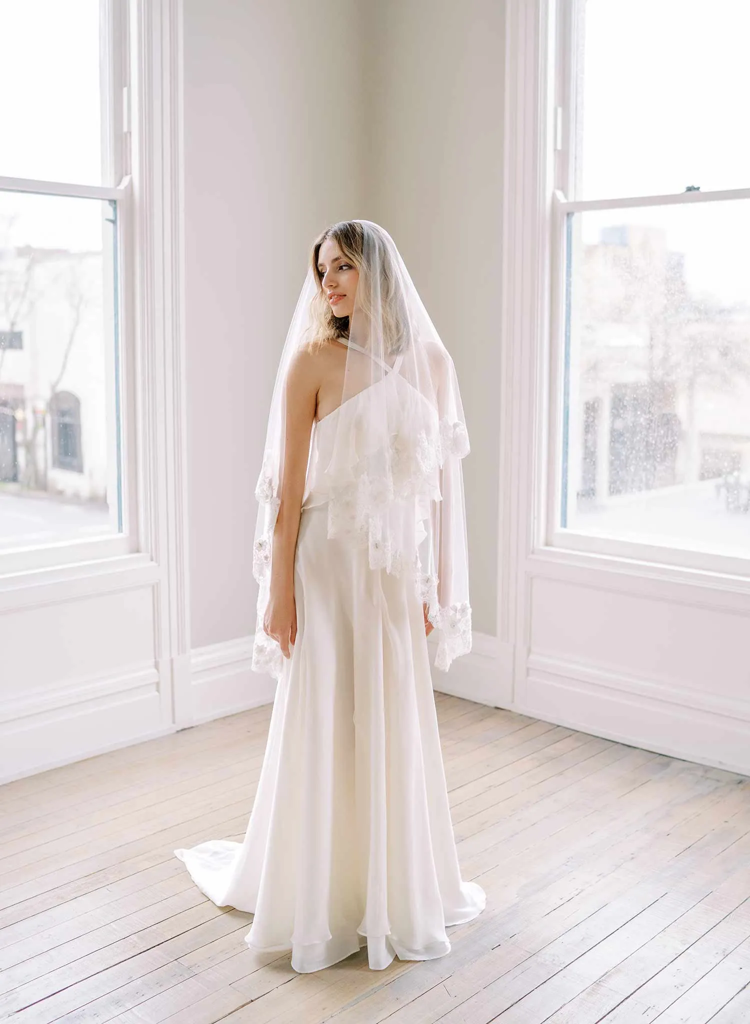 Beaded French lace fingertip bridal veil with blusher - Style #2479