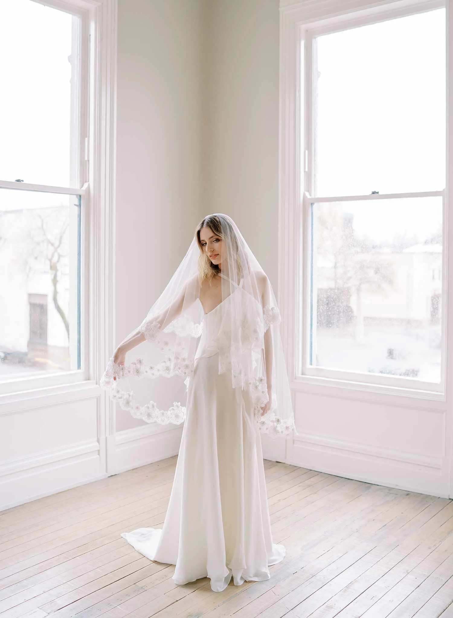 Beaded French lace fingertip bridal veil with blusher - Style #2479
