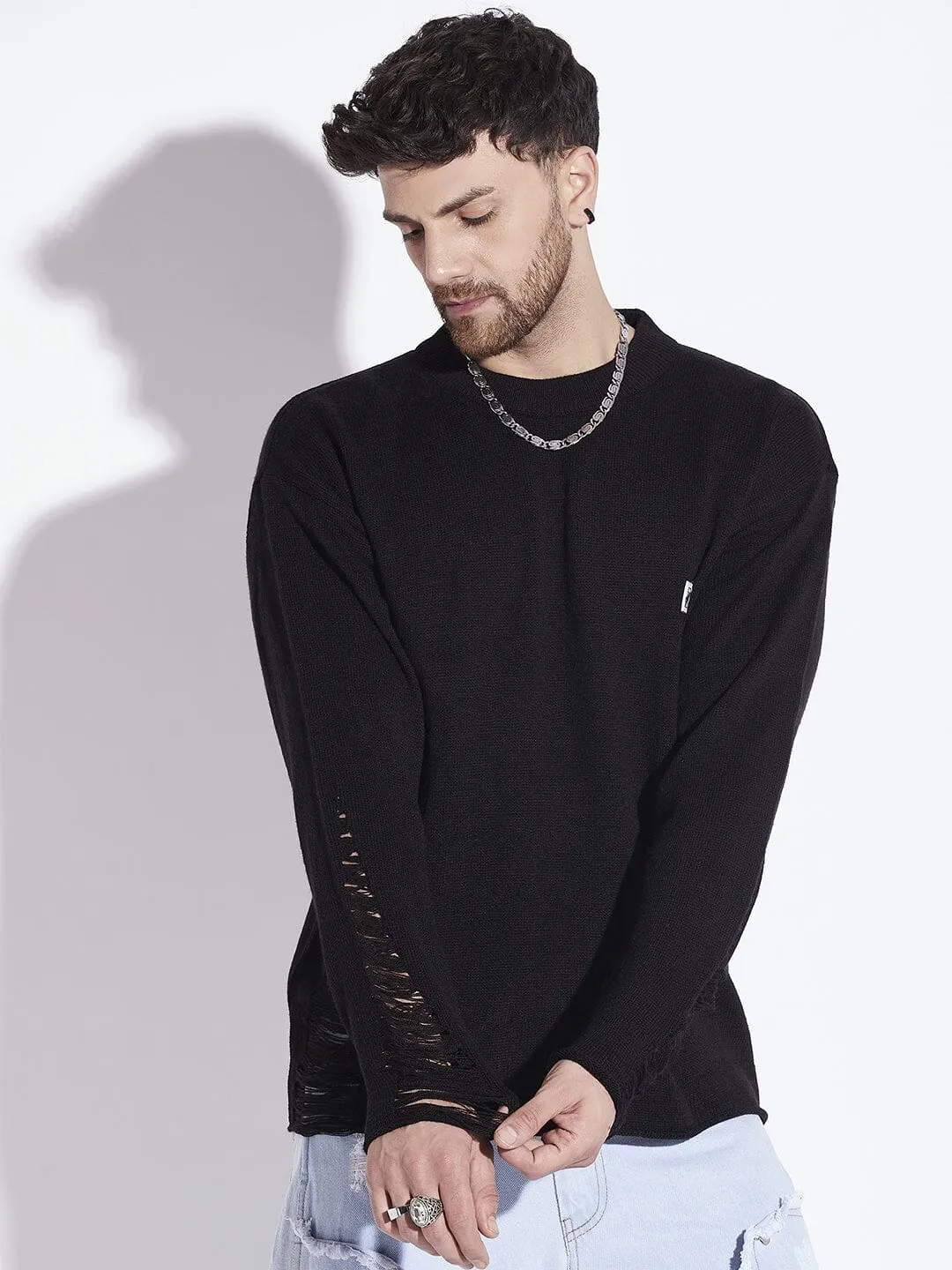 Damaged Black Raw Edge Sweater - Enhanced Product Title