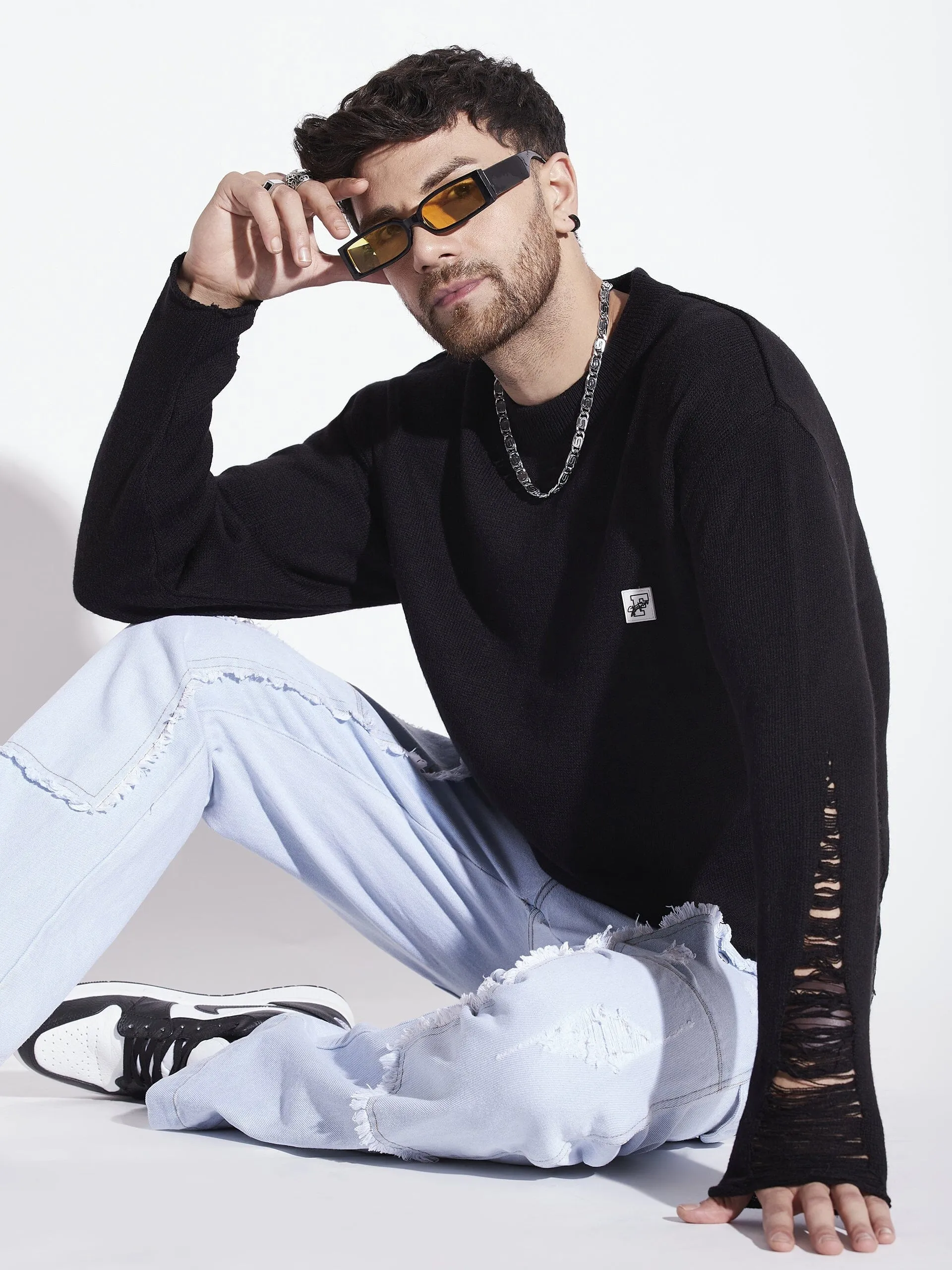 Damaged Black Raw Edge Sweater - Enhanced Product Title