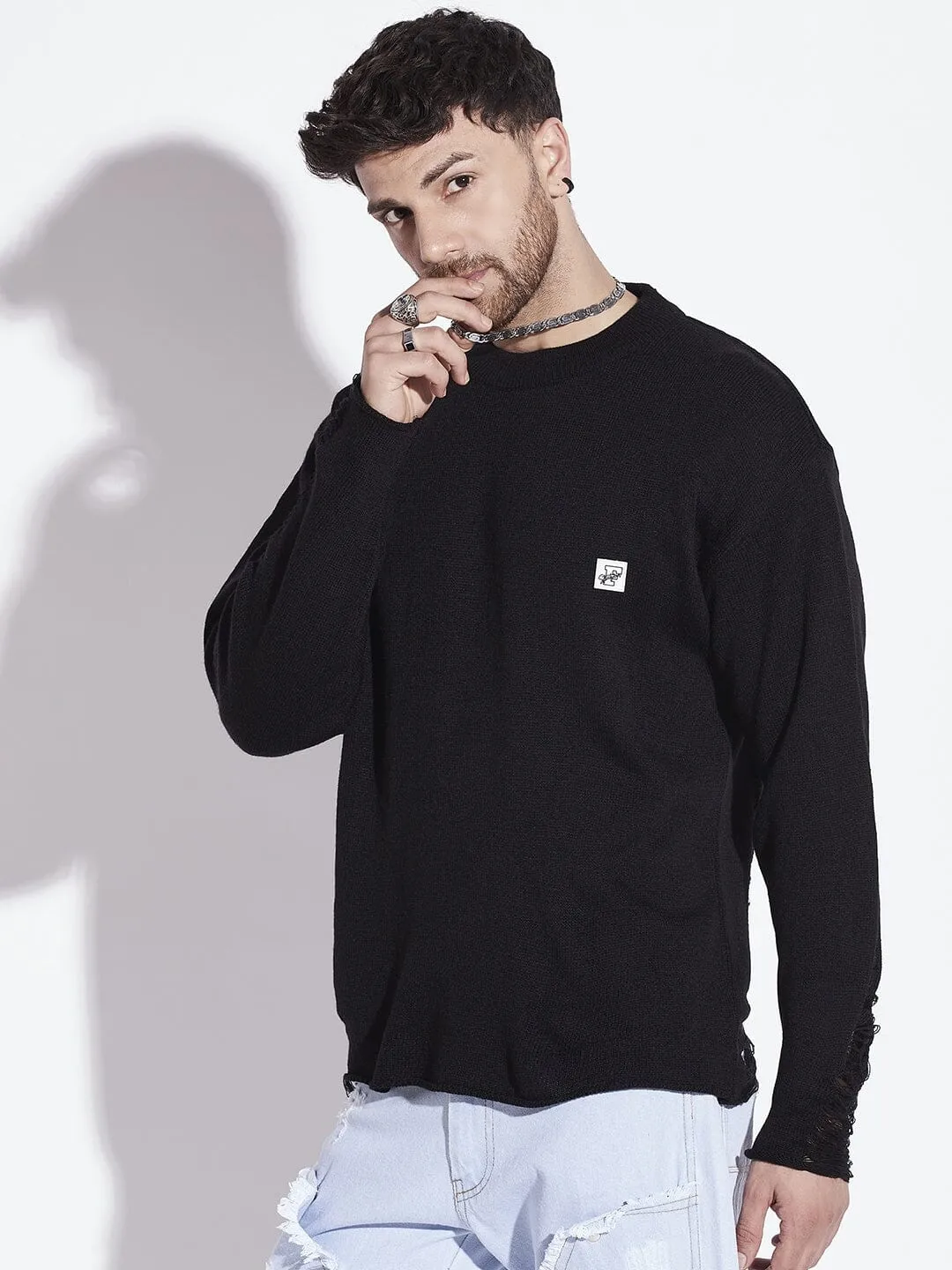 Damaged Black Raw Edge Sweater - Enhanced Product Title
