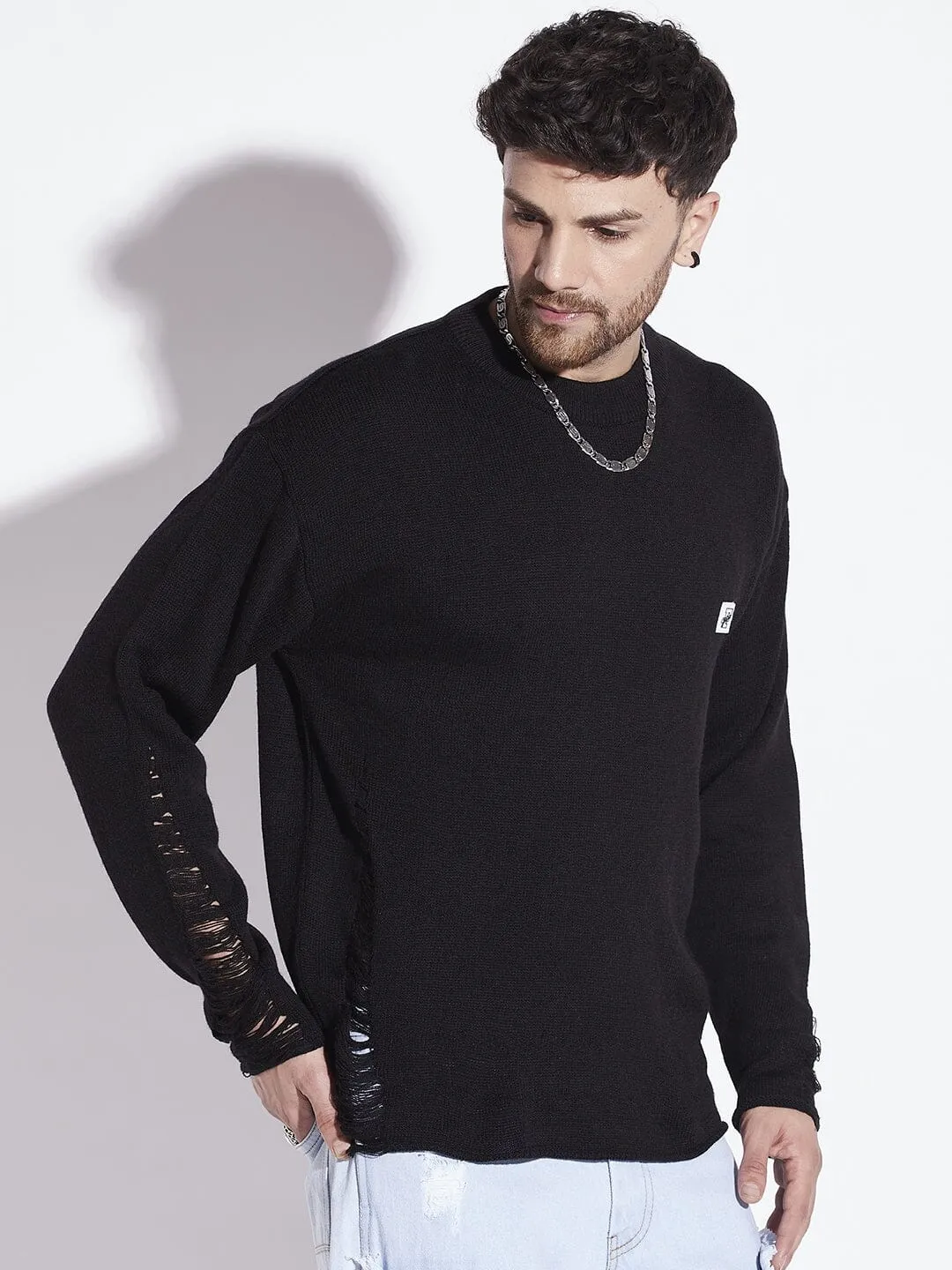 Damaged Black Raw Edge Sweater - Enhanced Product Title
