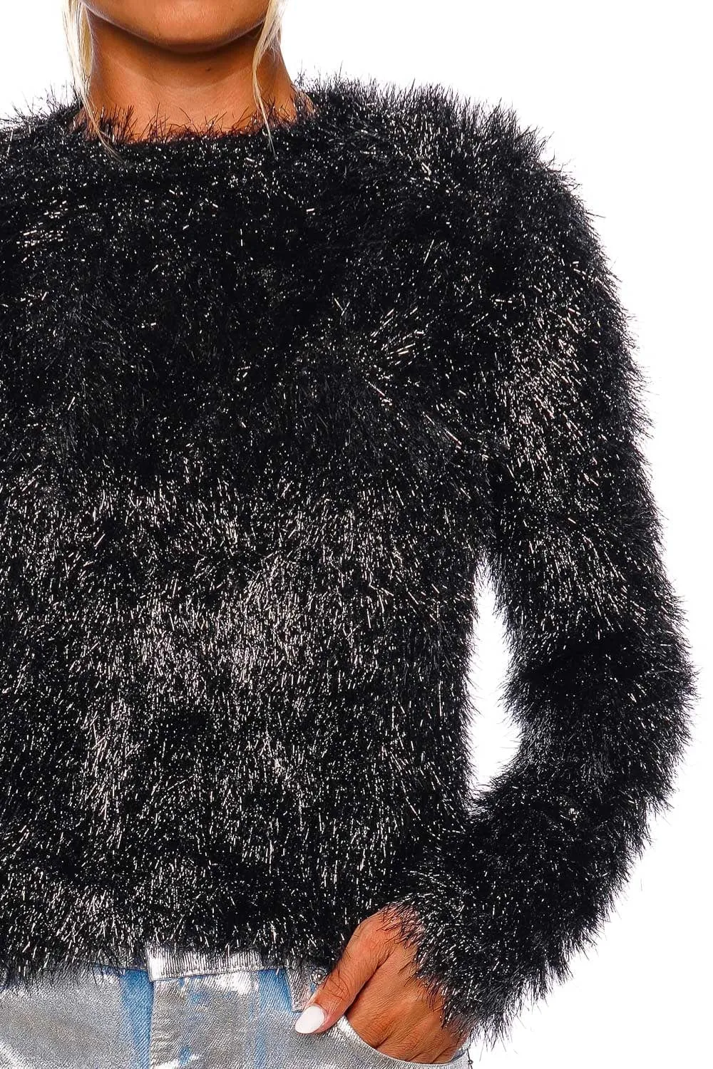 Black Knit Eyelash Long Sleeve Top