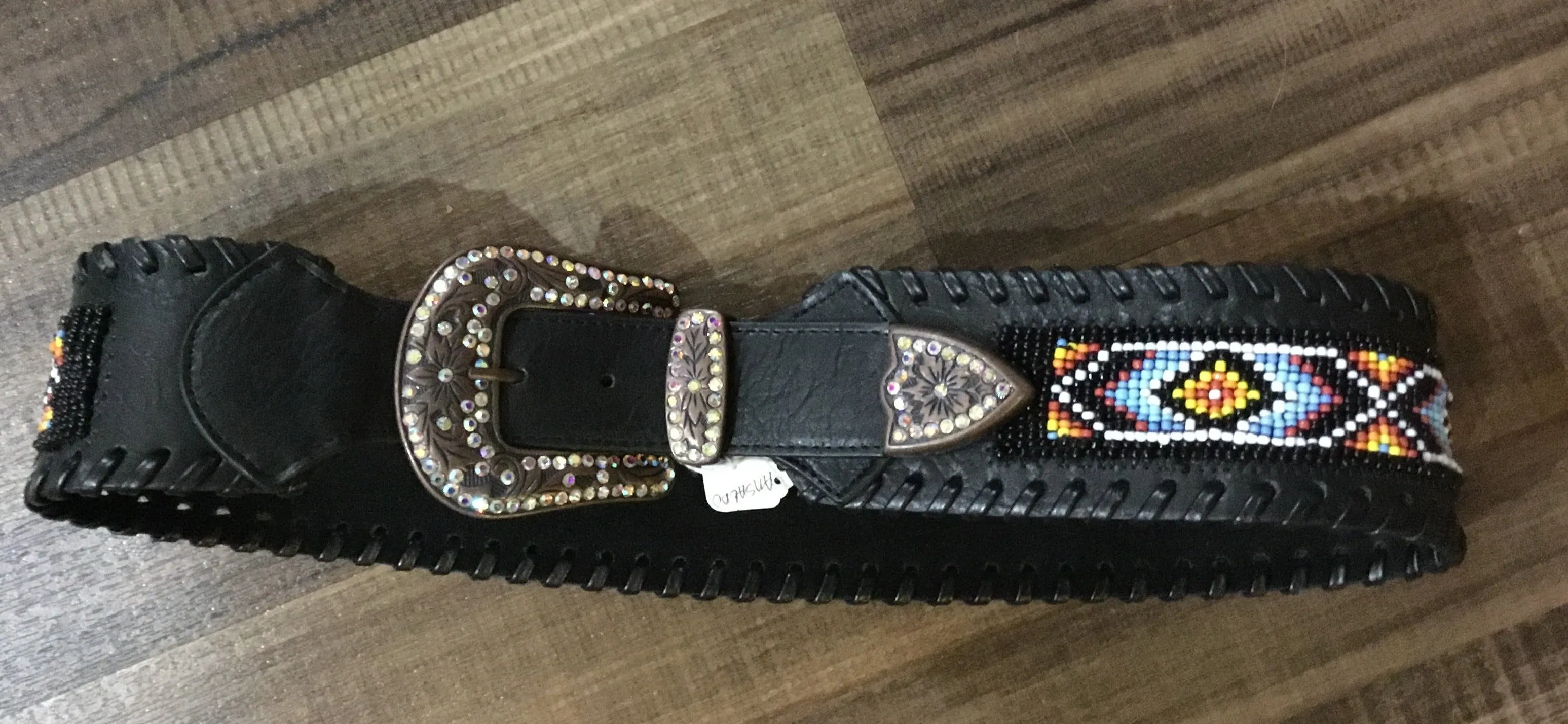Black Leather Beaded Wide Hip Belt