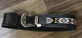 Black Leather Beaded Wide Hip Belt