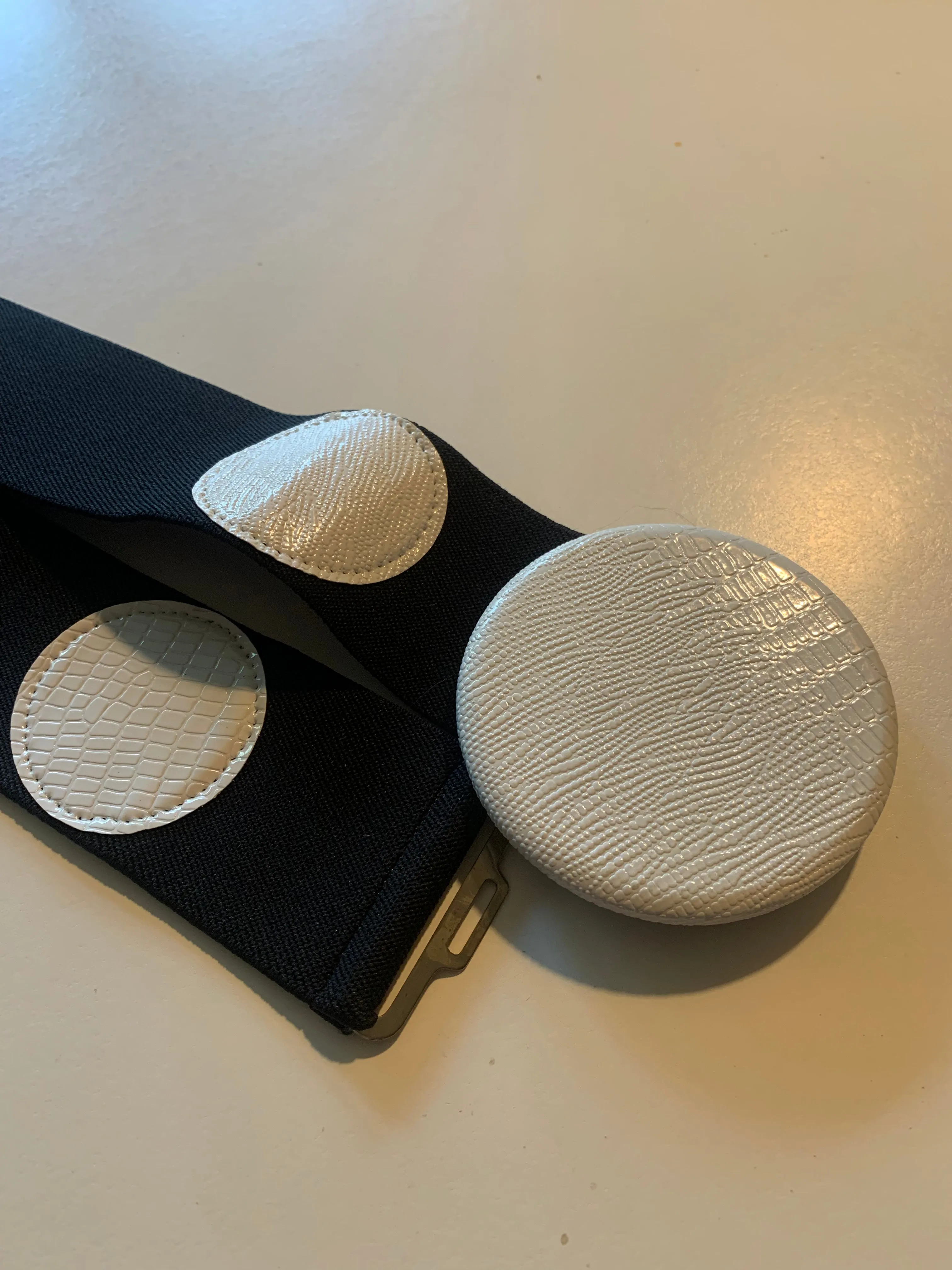 Black Wide Elastic New Wave Belt with Vinyl Dots and Circle Clasp circa 1980s