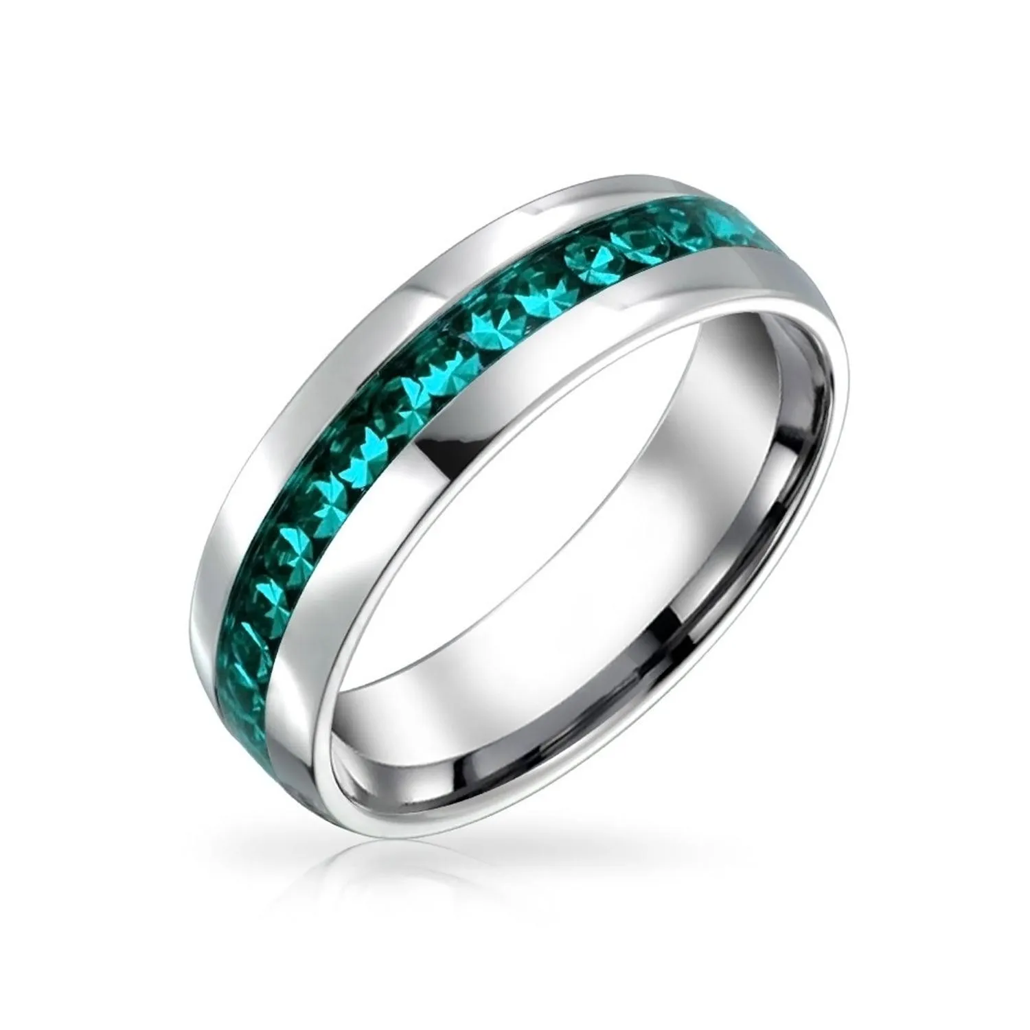 Channel Set Crystal Eternity Band Ring Stainless Steel Birthstone Month 6mm