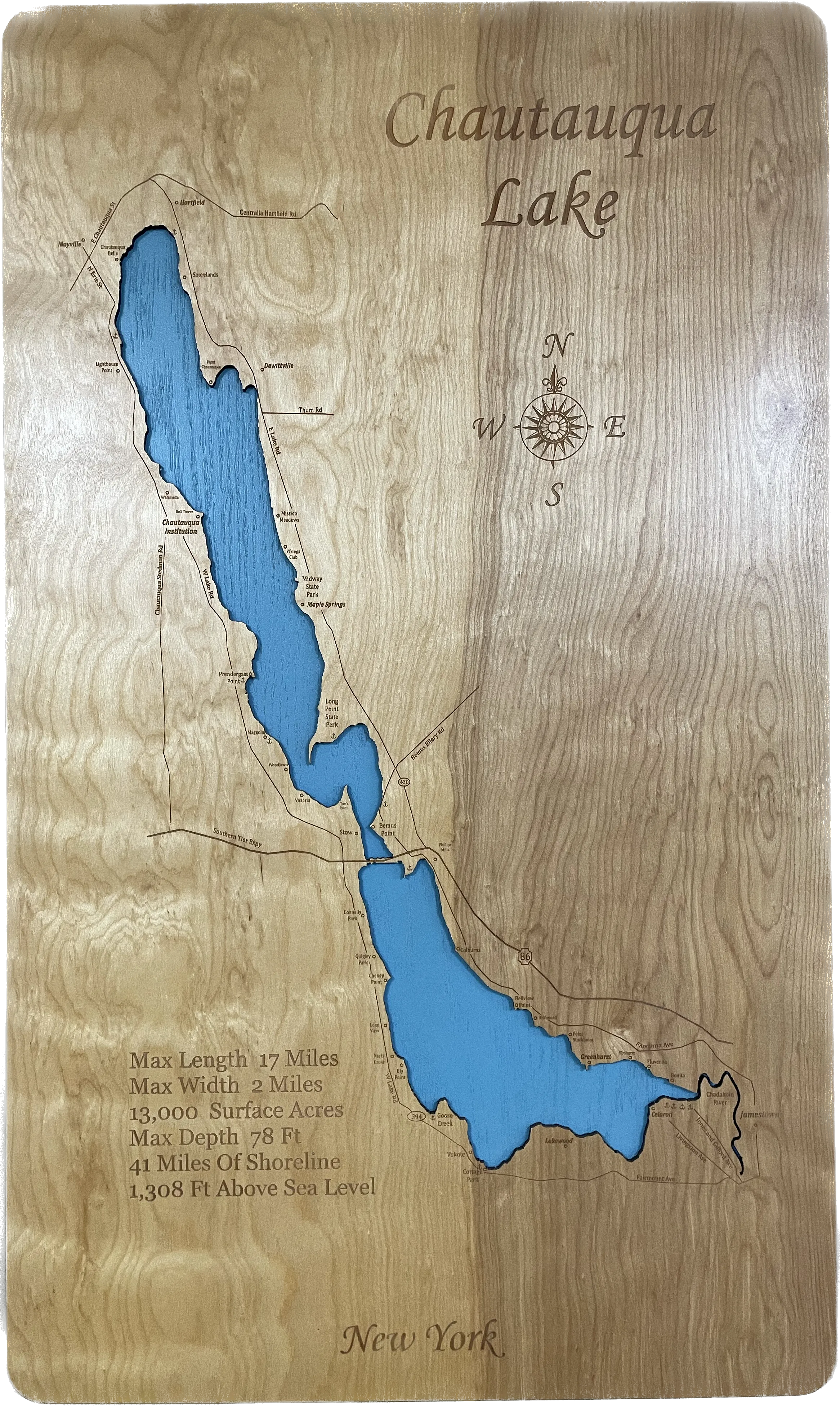 Chautauqua Lake, New York - Laser Engraved Wood Map Overflow Sale Special