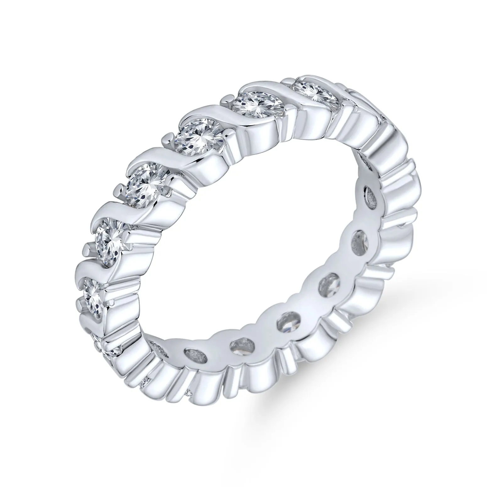 CZ Band Wave Set Eternity Wedding Band Ring .925 Sterling Silver