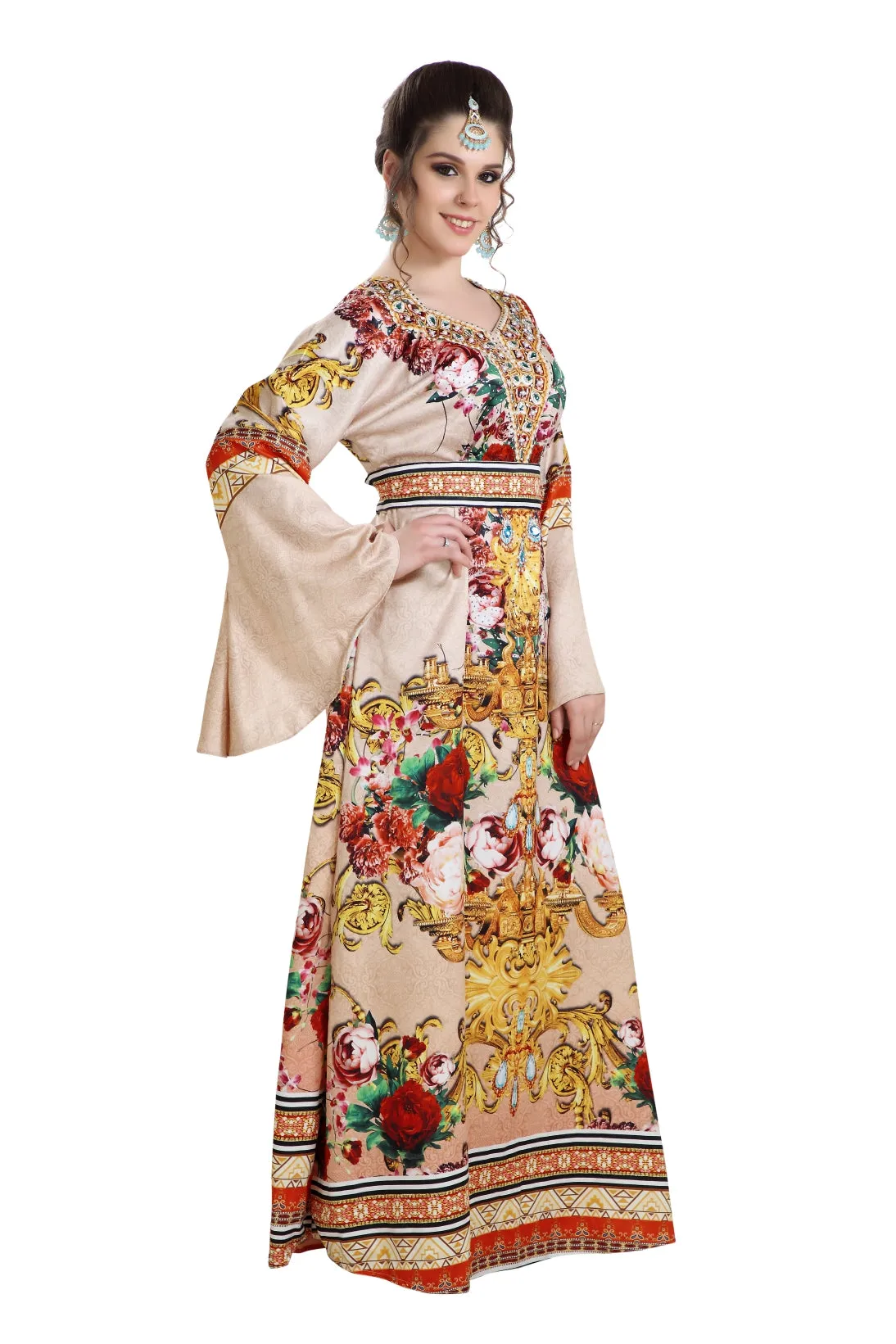 Digital Printed Kaftan on Silk Smooth Fabric With Crystals