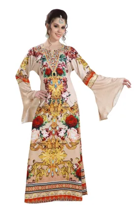 Digital Printed Kaftan on Silk Smooth Fabric With Crystals