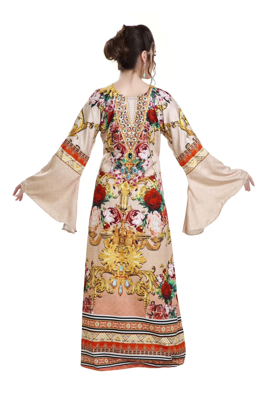 Digital Printed Kaftan on Silk Smooth Fabric With Crystals