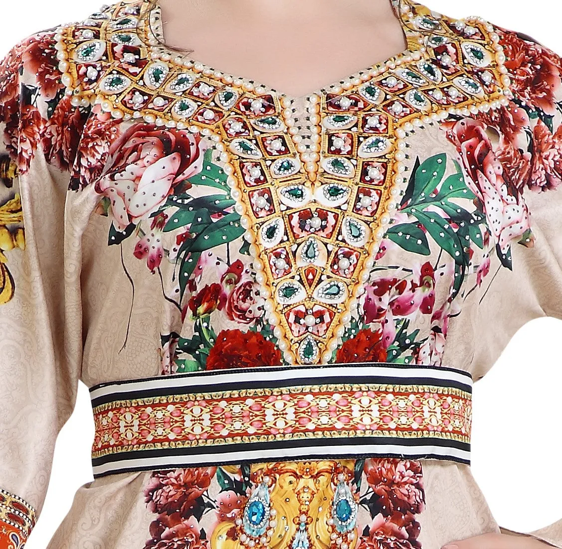 Digital Printed Kaftan on Silk Smooth Fabric With Crystals
