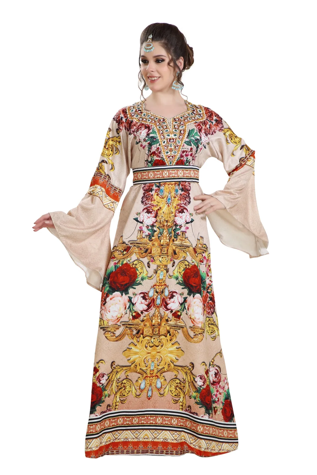 Digital Printed Kaftan on Silk Smooth Fabric With Crystals