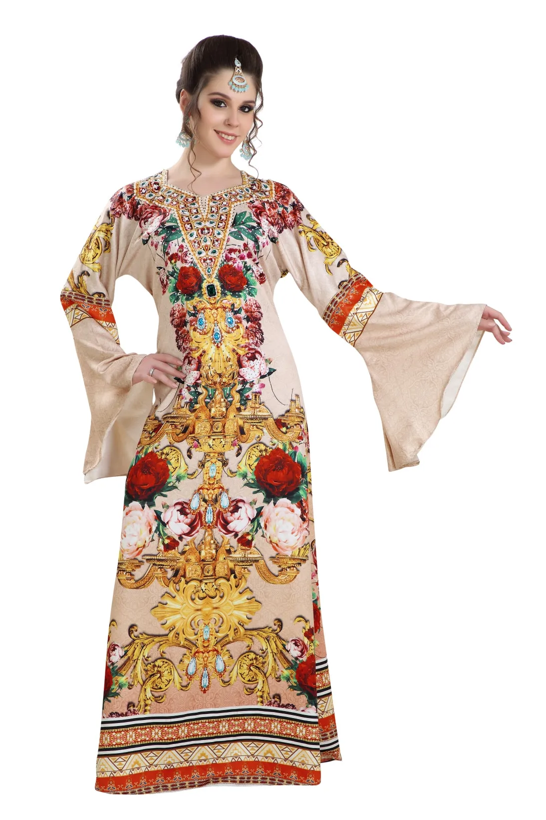 Digital Printed Kaftan on Silk Smooth Fabric With Crystals