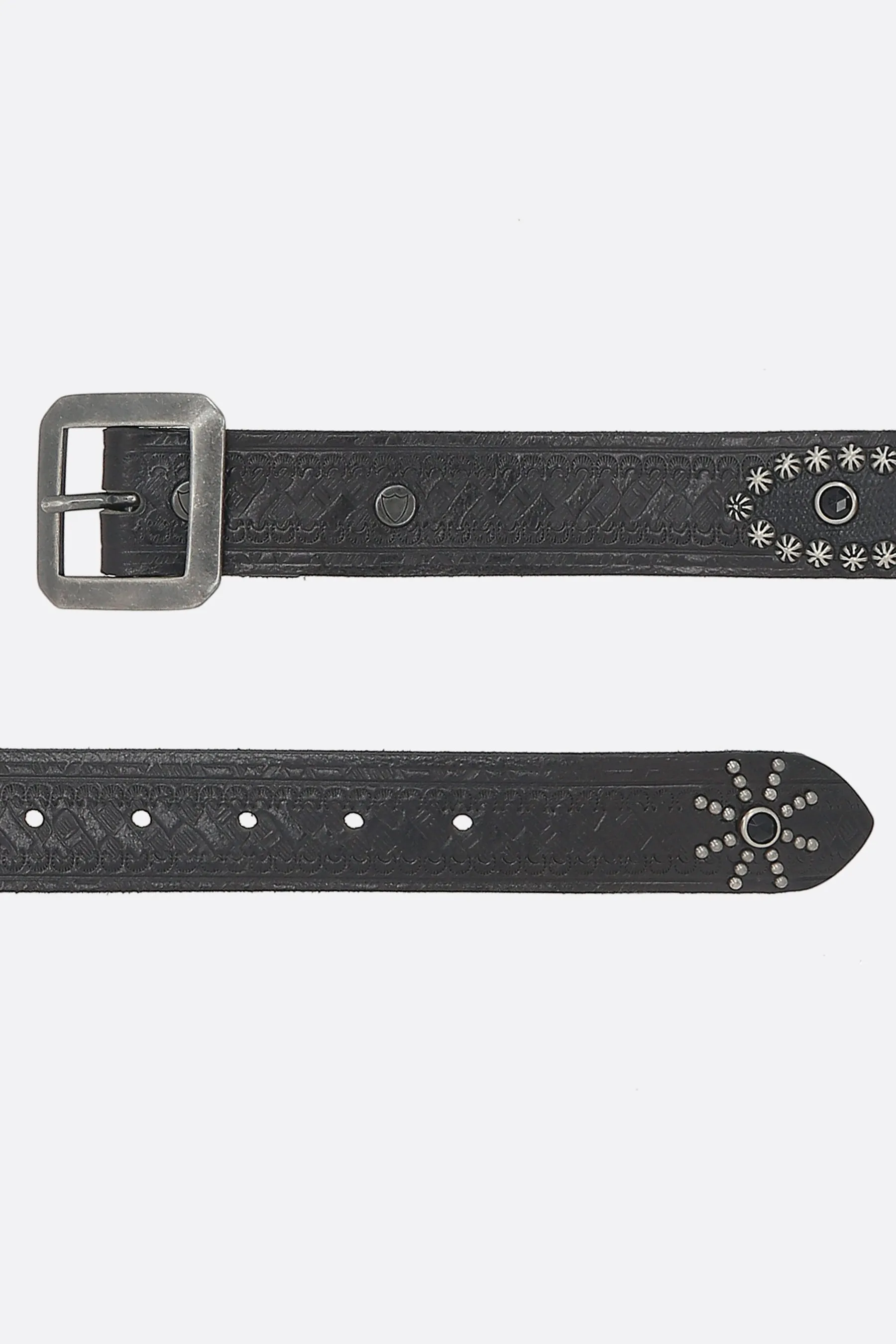 embossed leather belt with studs