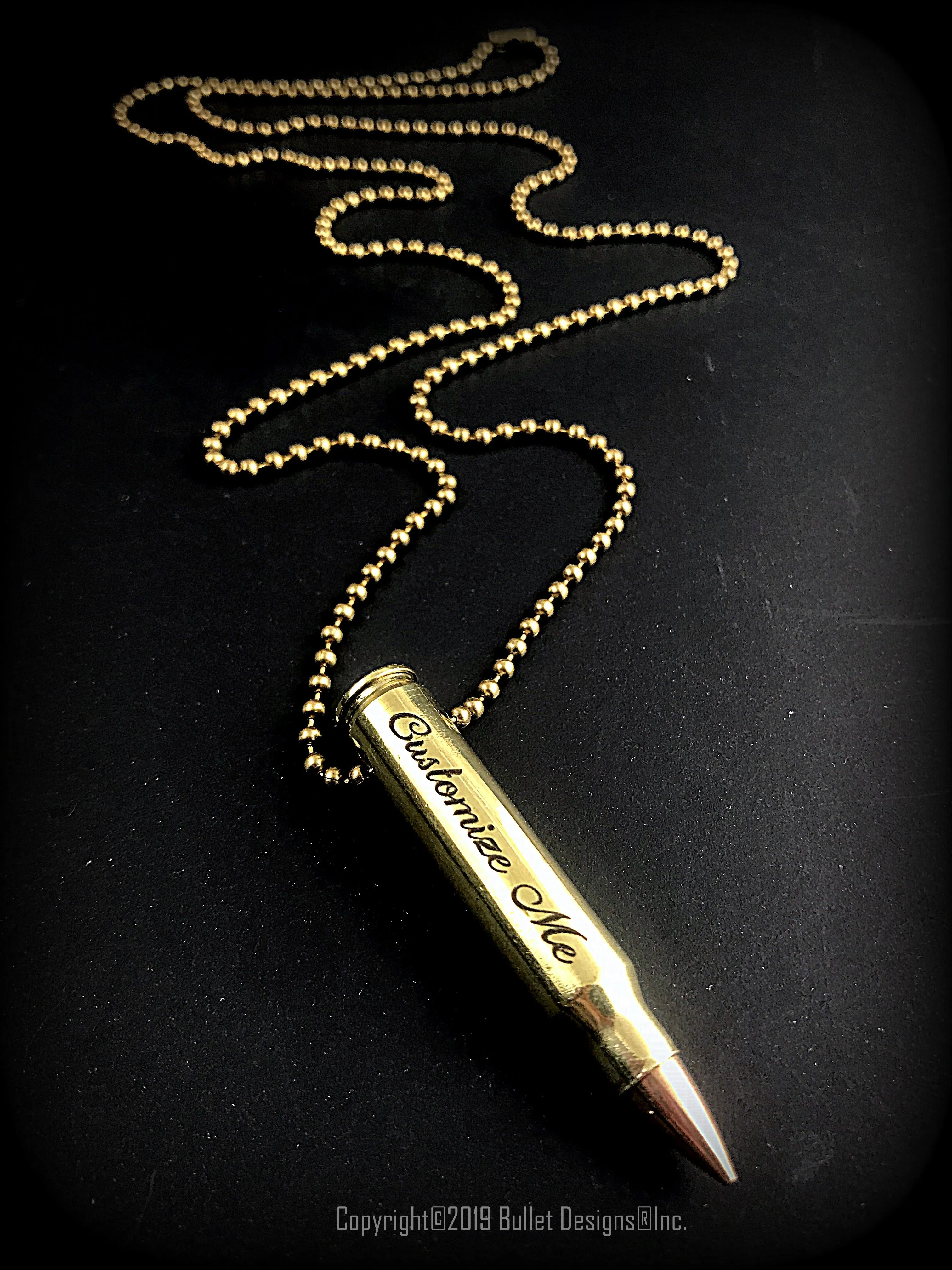 Engraved Brass Bullet Necklace, DARK Engraving, 308, 30-06, 30-30, 270, 243, Ak-47, 223, Ar-15, M4, Personalized Necklace, Custom Drilled