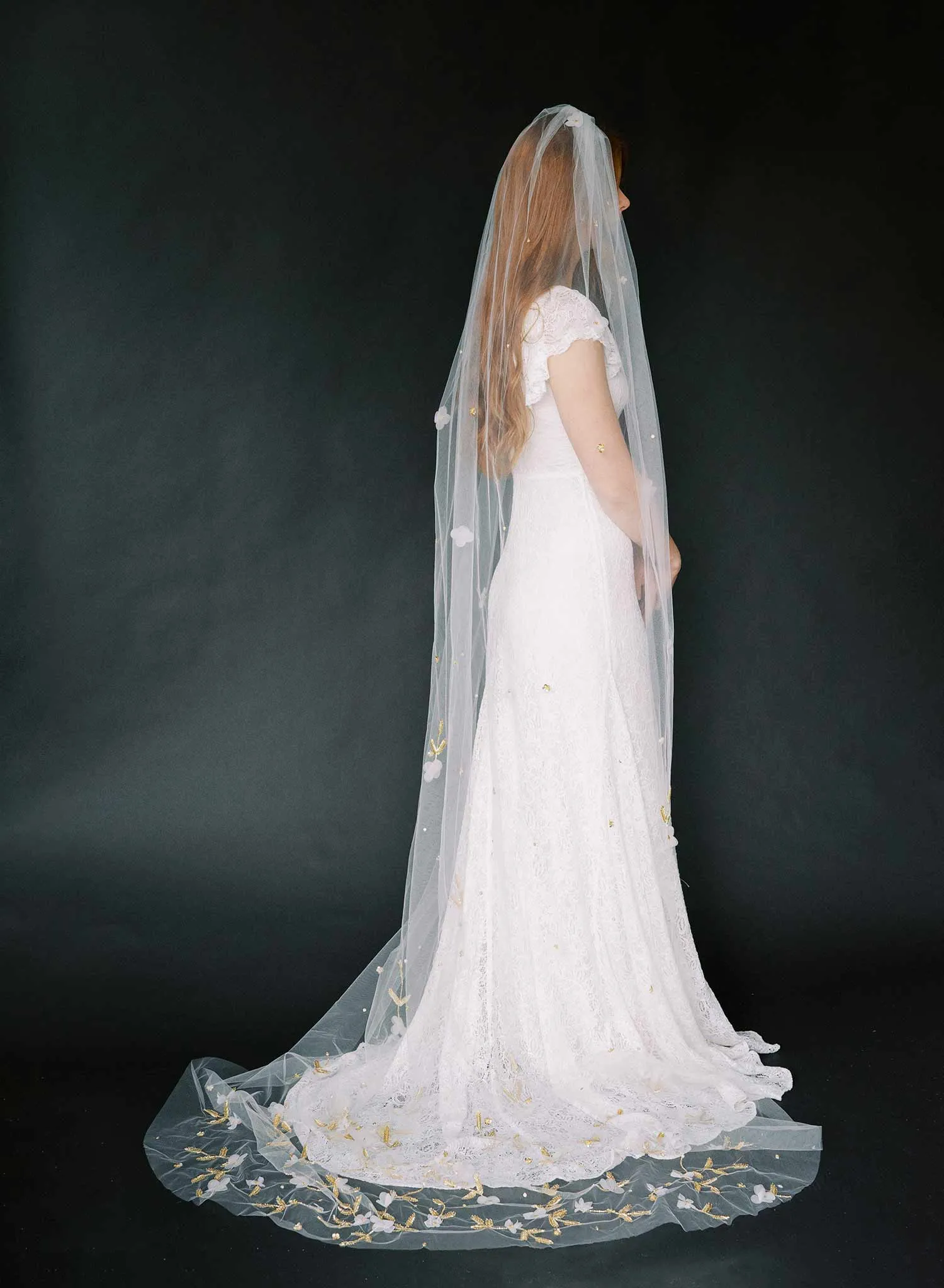 Floral embroidered bridal train veil, cathedral - Style #2367
