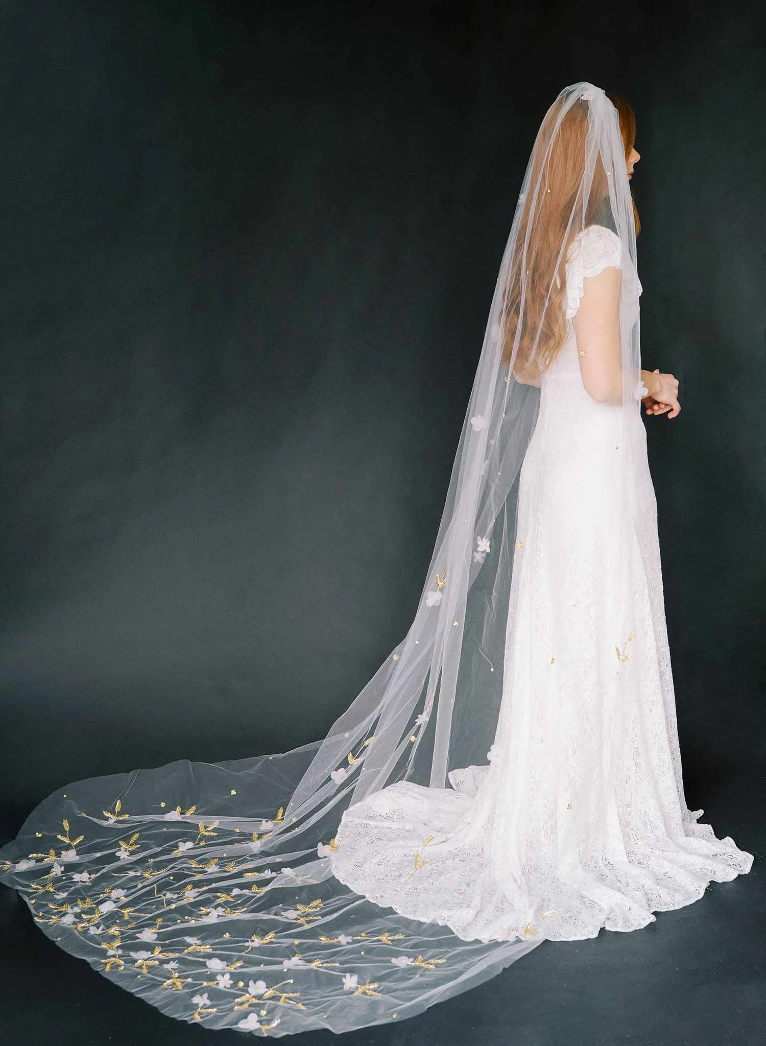 Floral embroidered bridal train veil, cathedral - Style #2367