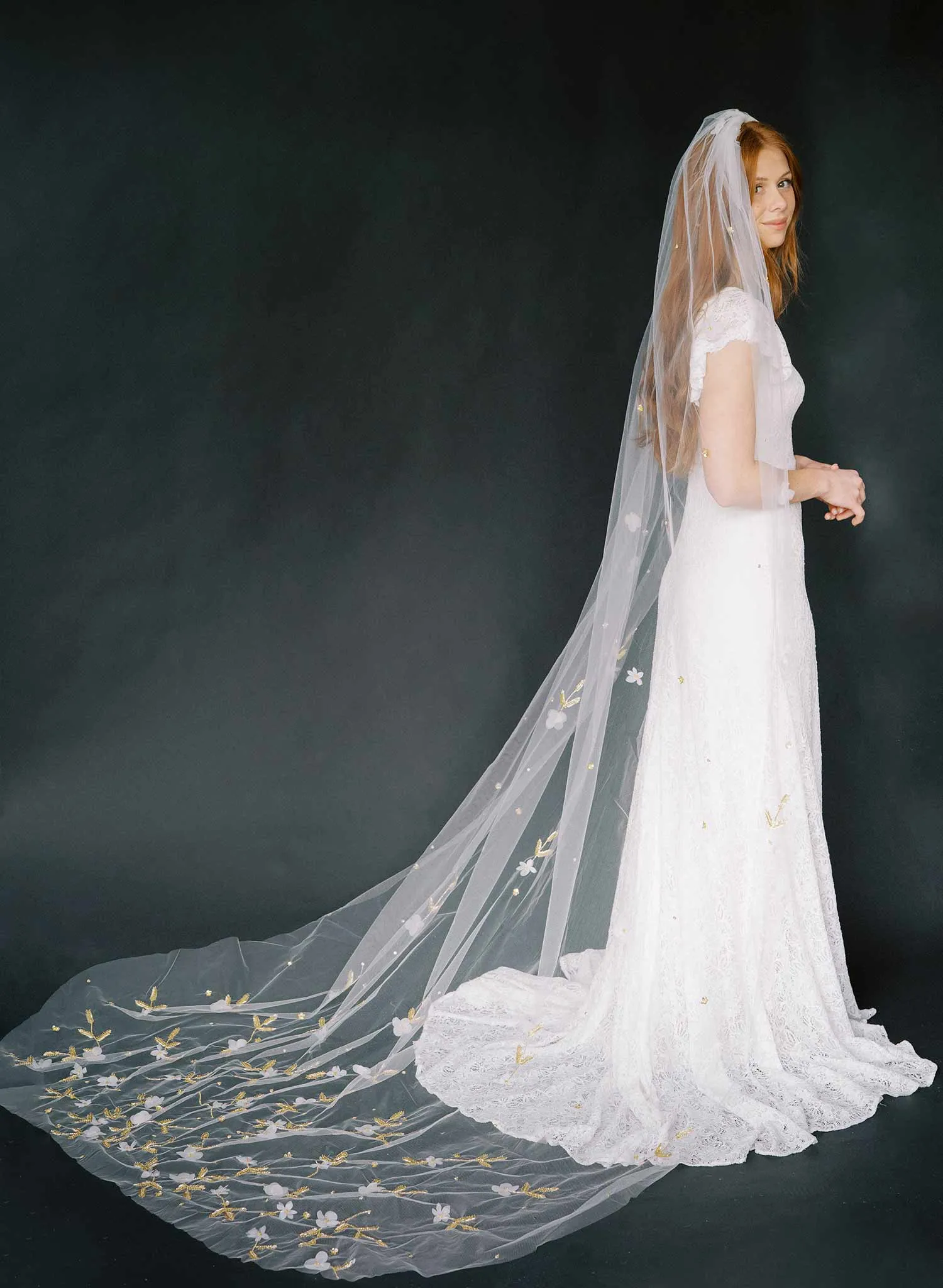Floral embroidered bridal train veil, cathedral - Style #2367