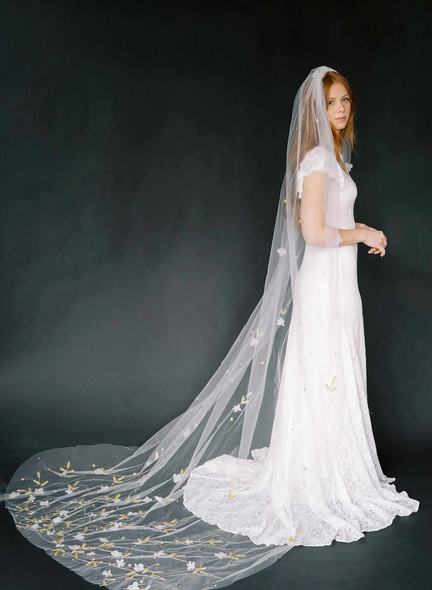 Floral embroidered bridal train veil, cathedral - Style #2367