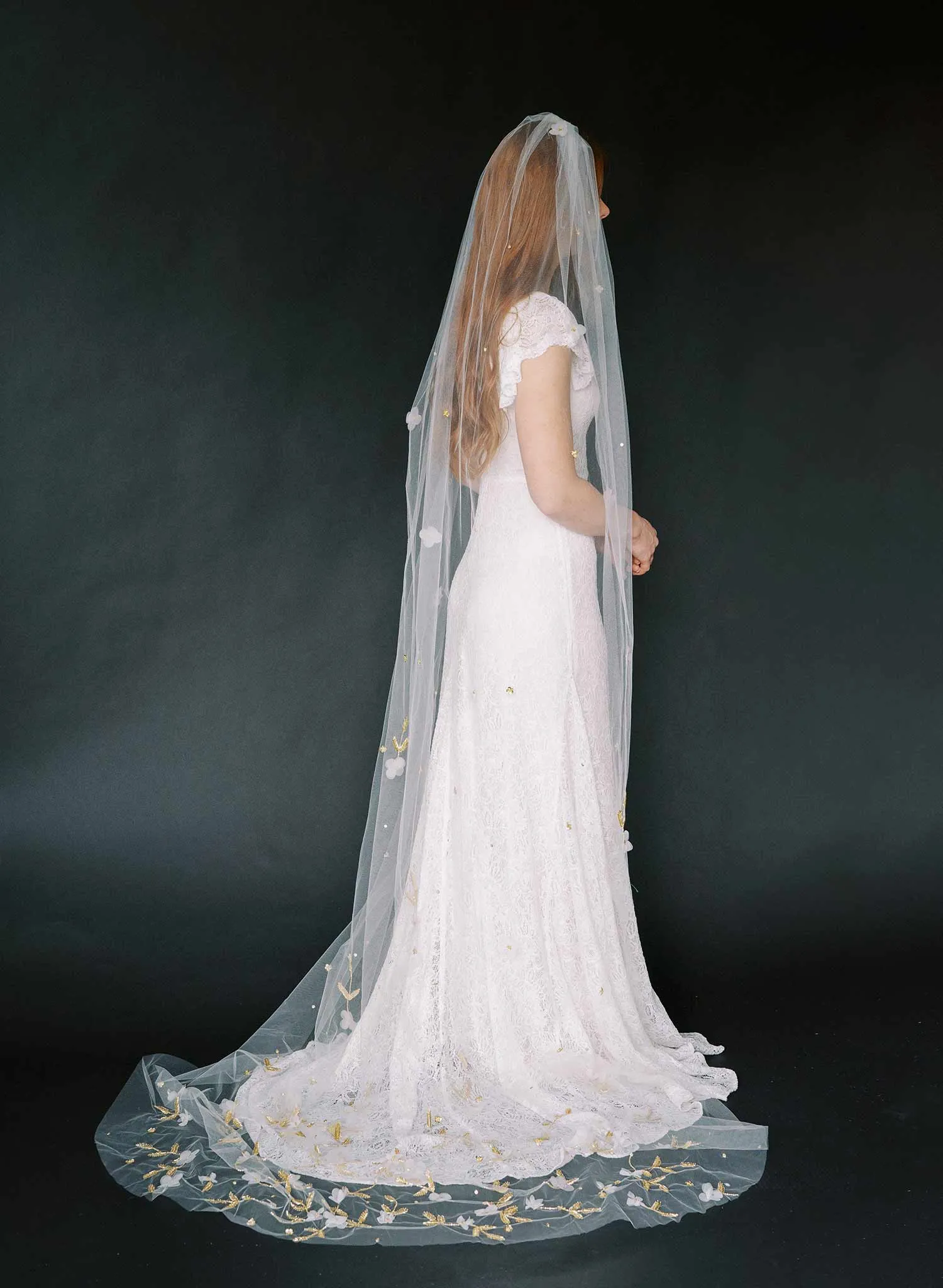 Floral embroidered bridal train veil, cathedral - Style #2367