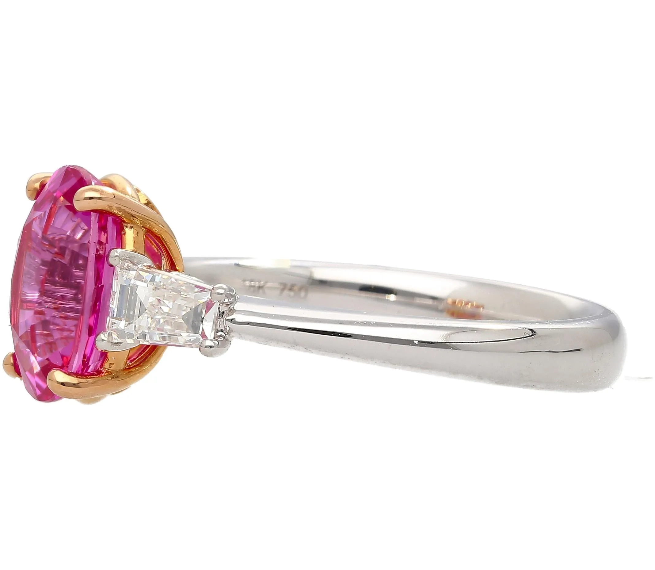 GIA Certified 3.2 Carat No Heat Pink Sapphire Oval and Diamond 3 Stone Ring