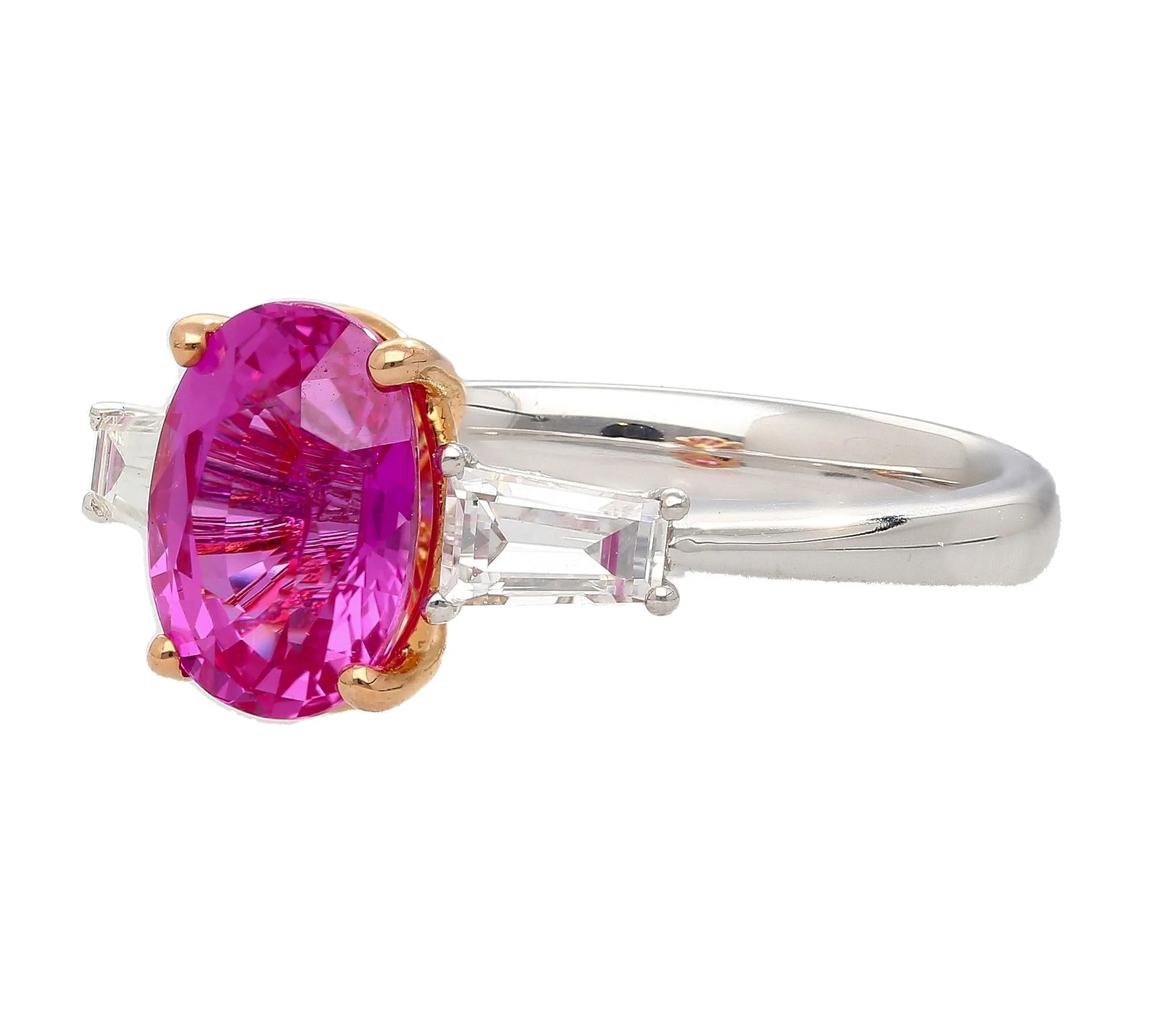 GIA Certified 3.2 Carat No Heat Pink Sapphire Oval and Diamond 3 Stone Ring