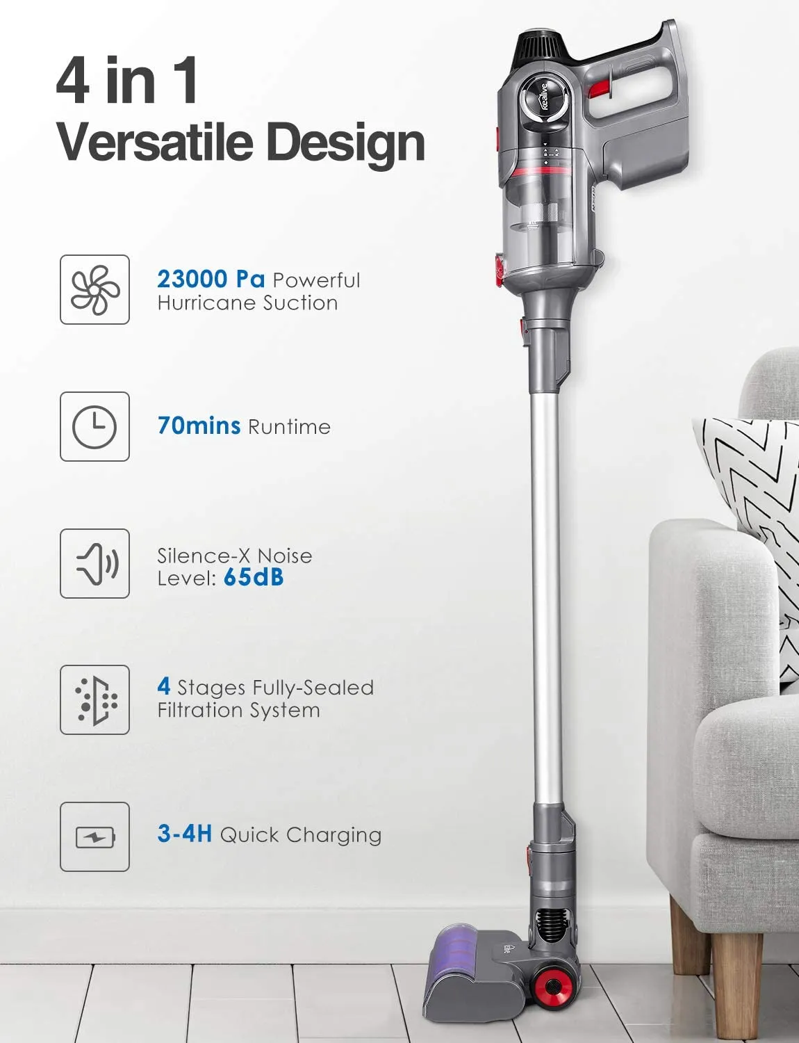 Kealive Cordless Vacuum Cleaner, 23000pa Stick Vacuum 4 in 1,  70 Minutes Runtime,  Rechargeable, Hard Floor Carpet Pet Hair Cleaner