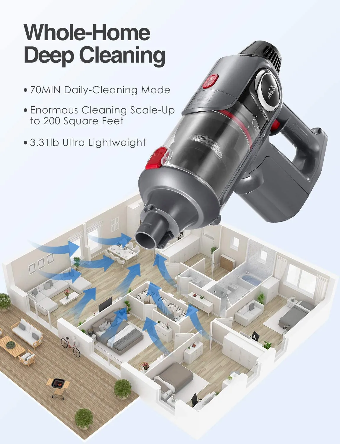 Kealive Cordless Vacuum Cleaner, 23000pa Stick Vacuum 4 in 1,  70 Minutes Runtime,  Rechargeable, Hard Floor Carpet Pet Hair Cleaner