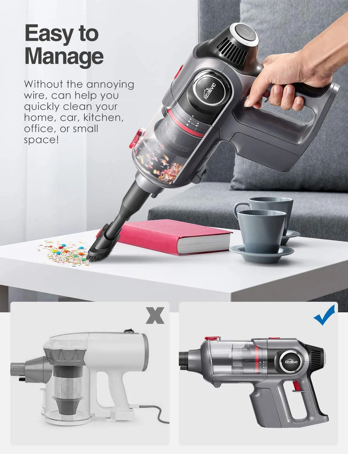 Kealive Cordless Vacuum Cleaner, 23000pa Stick Vacuum 4 in 1,  70 Minutes Runtime,  Rechargeable, Hard Floor Carpet Pet Hair Cleaner