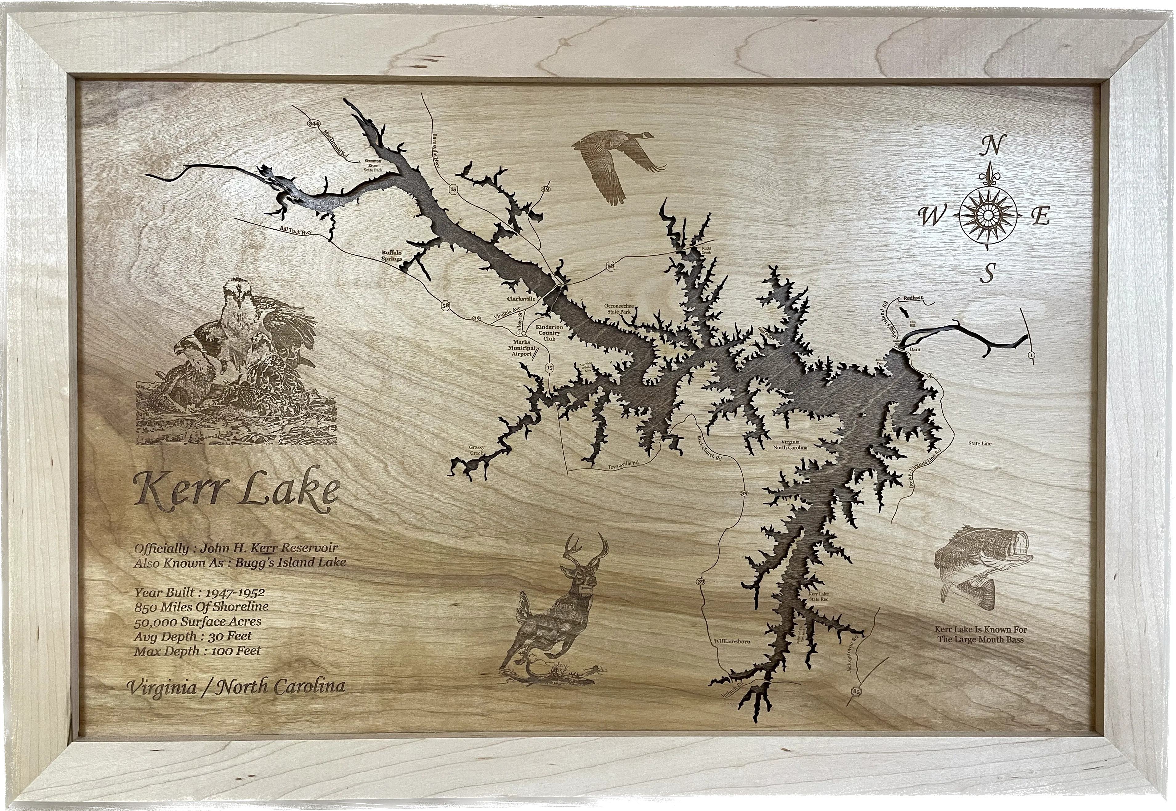 Kerr Lake, Virginia & North Carolina - Laser Engraved Wood Map Overflow Sale Special