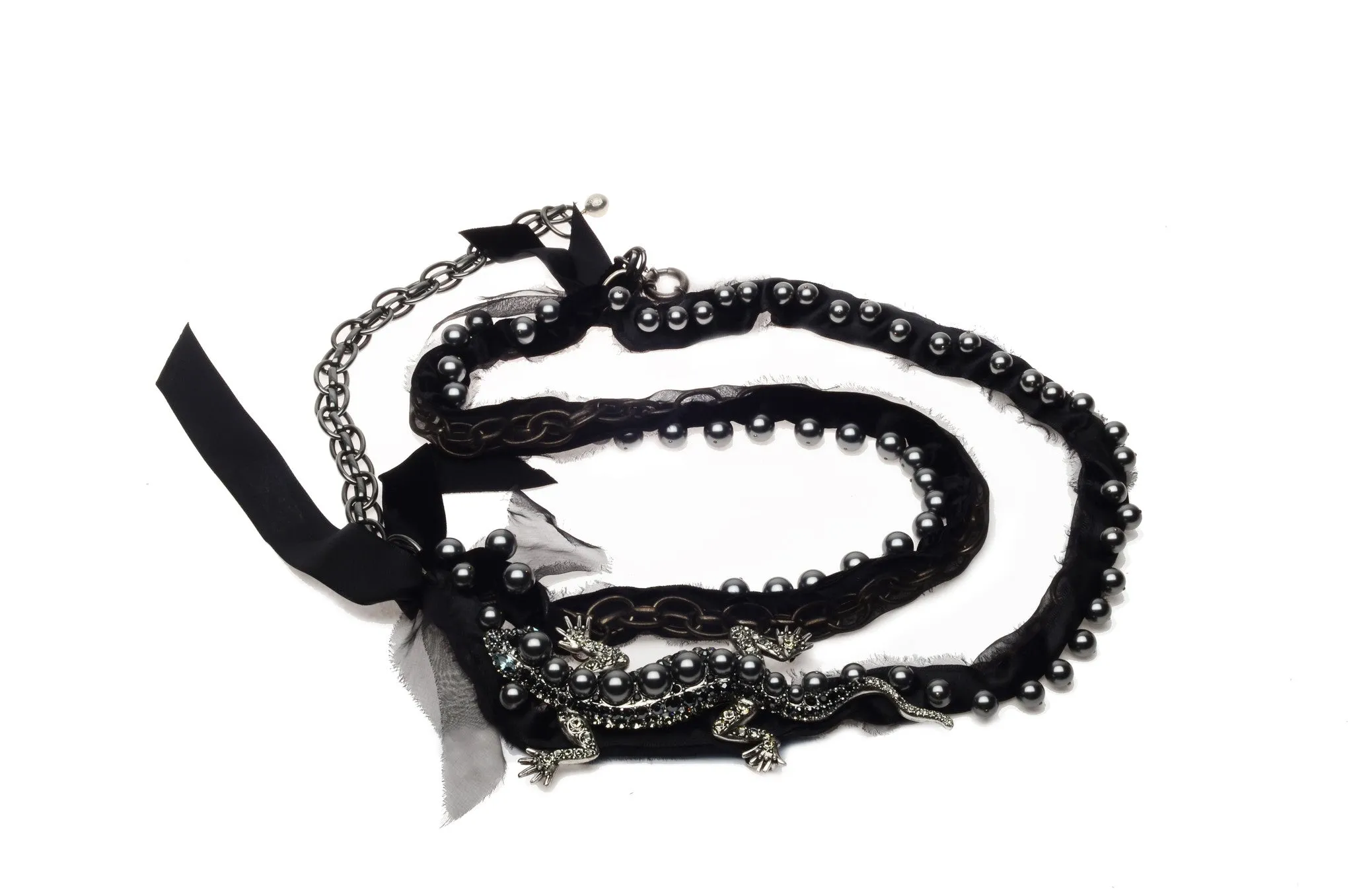 Lanvin Swarovski - Unique Chain Pearl on Velvet Lizard Belt/Necklace New In Box -