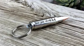 Love You Dearly Valentine's Nickel Bullet Keychain, DARK Engraving, 308, 30-06, 30-30, 270, 243, AK-47,223, ar15, M4