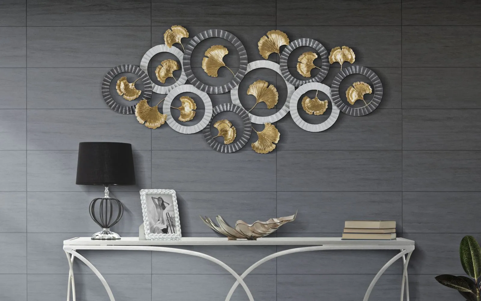 Small Golden Flowers in Silver Round Frames Wall Decor