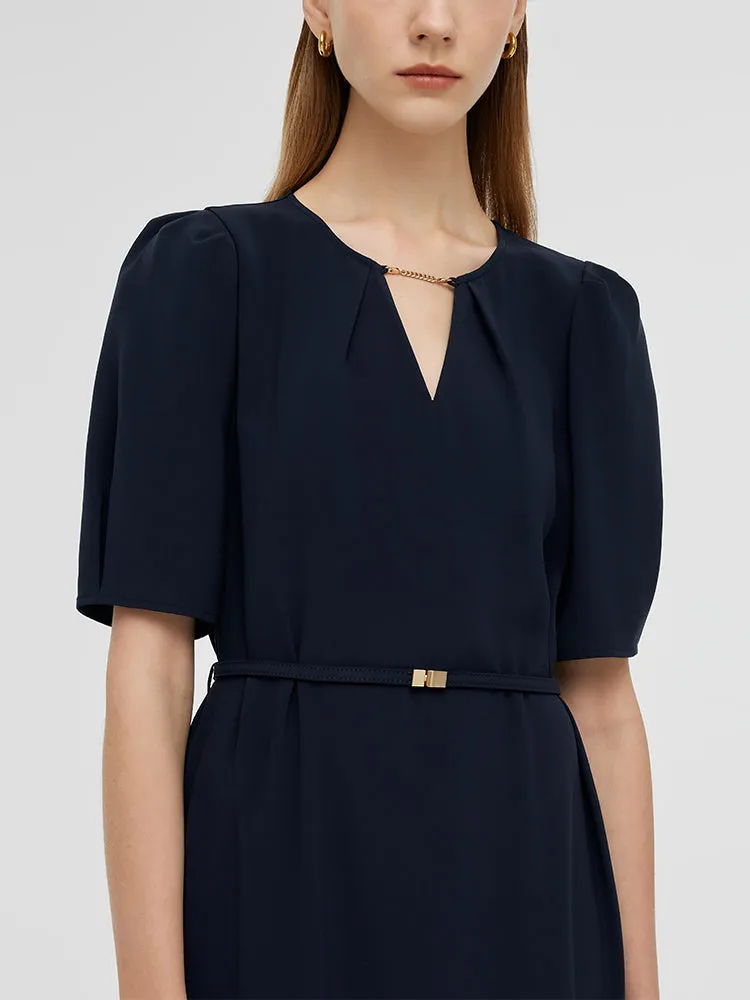 Triacetate Cut-Out Neck Women Midi Dress With Belt
