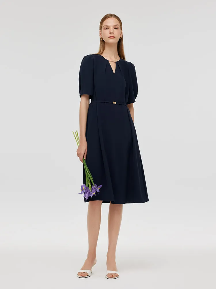 Triacetate Cut-Out Neck Women Midi Dress With Belt