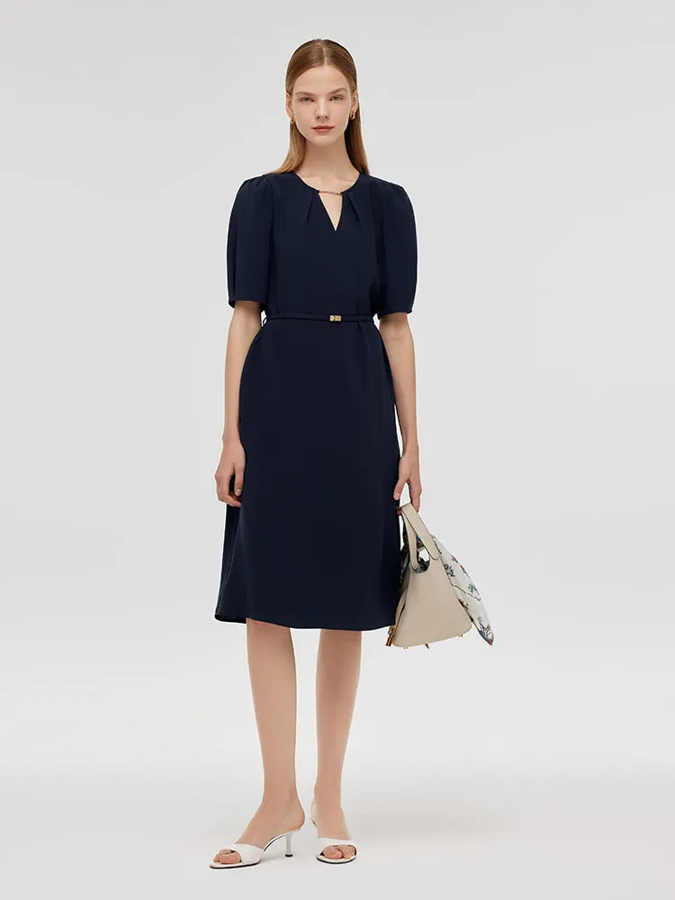 Triacetate Cut-Out Neck Women Midi Dress With Belt
