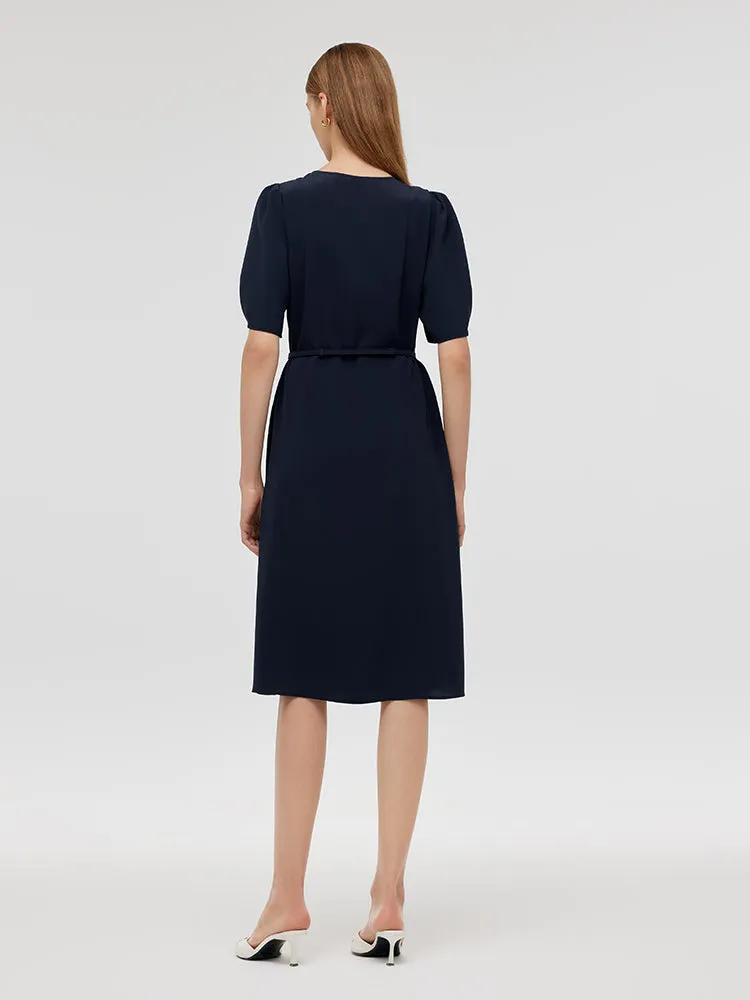 Triacetate Cut-Out Neck Women Midi Dress With Belt