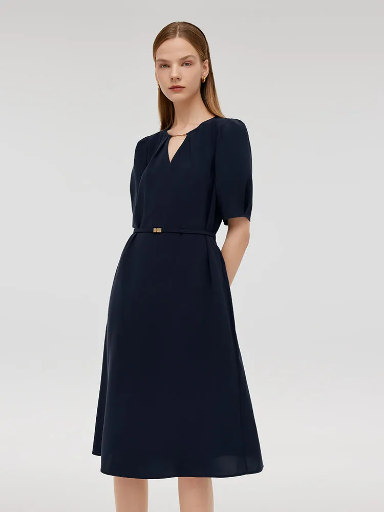 Triacetate Cut-Out Neck Women Midi Dress With Belt