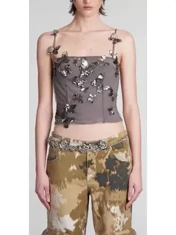 Women’s Backless Butterfly-Sequin-Applique Mesh-Overlay Top
